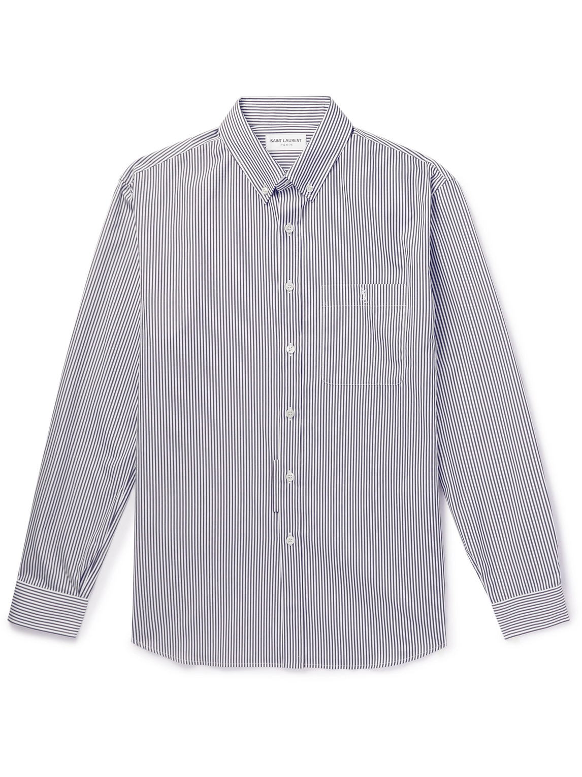 Saint Laurent Monogram Button-down Collar Striped Cotton-poplin Shirt In White