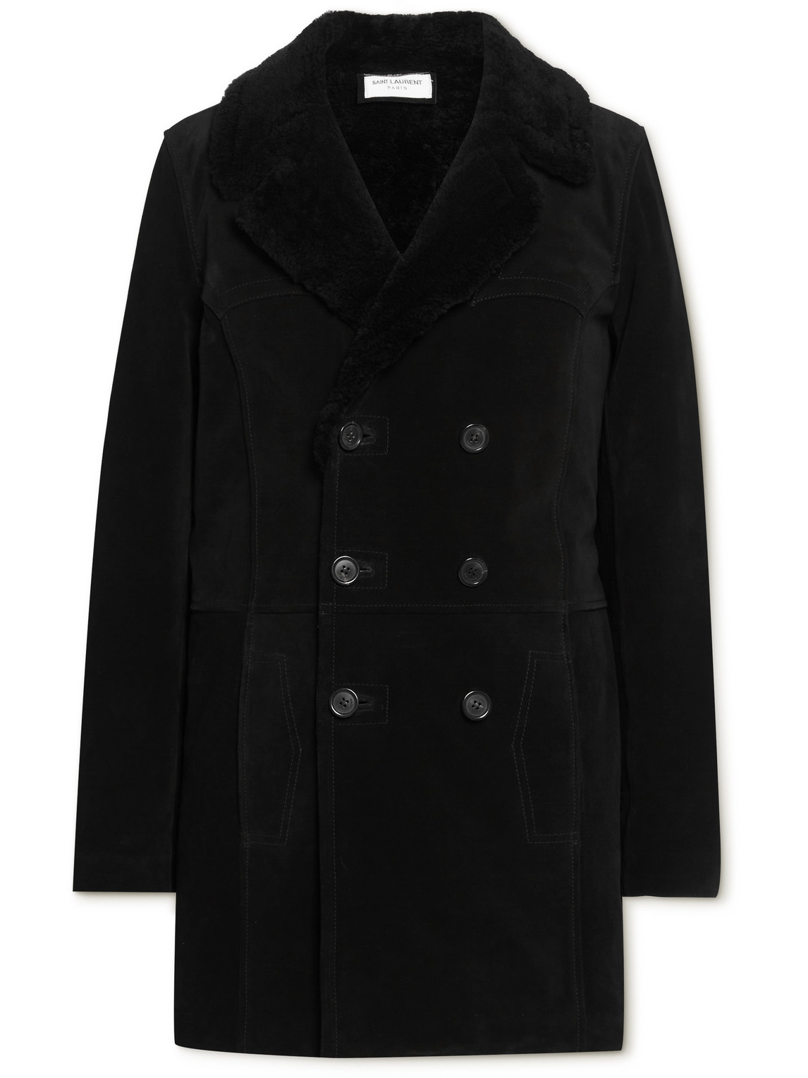 Shop Saint Laurent Double-breasted Shearling Coat In Black