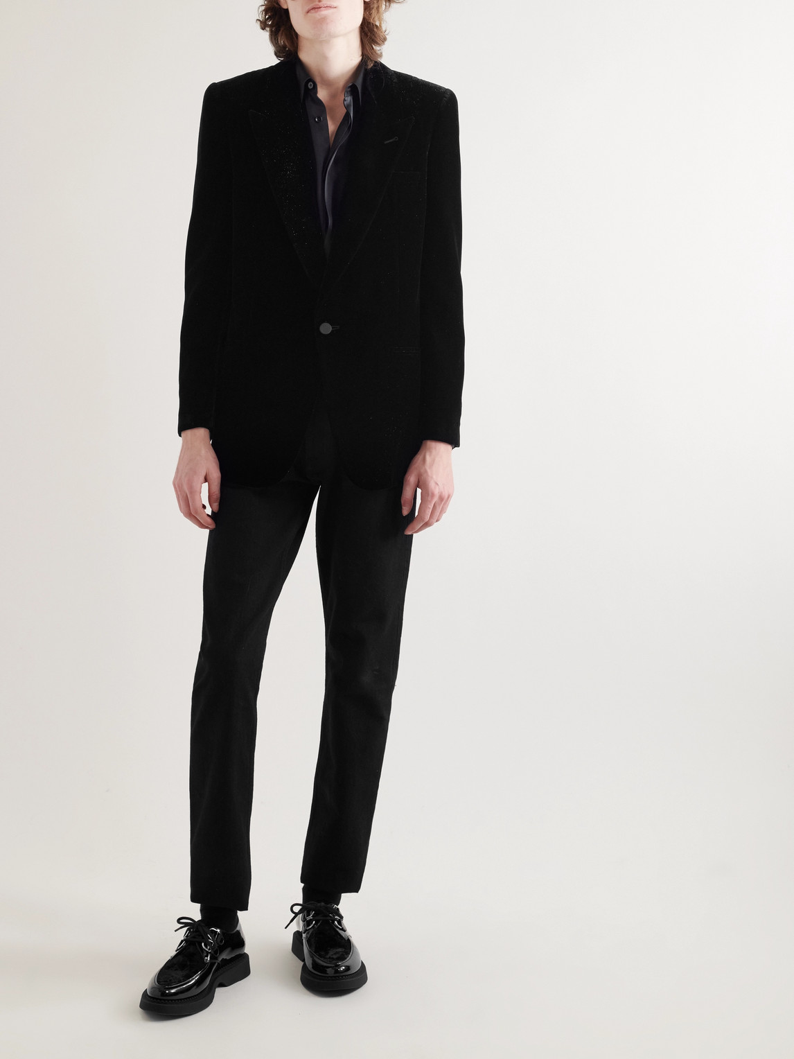 Shop Saint Laurent Slim-fit Metallic Velvet Blazer In Black