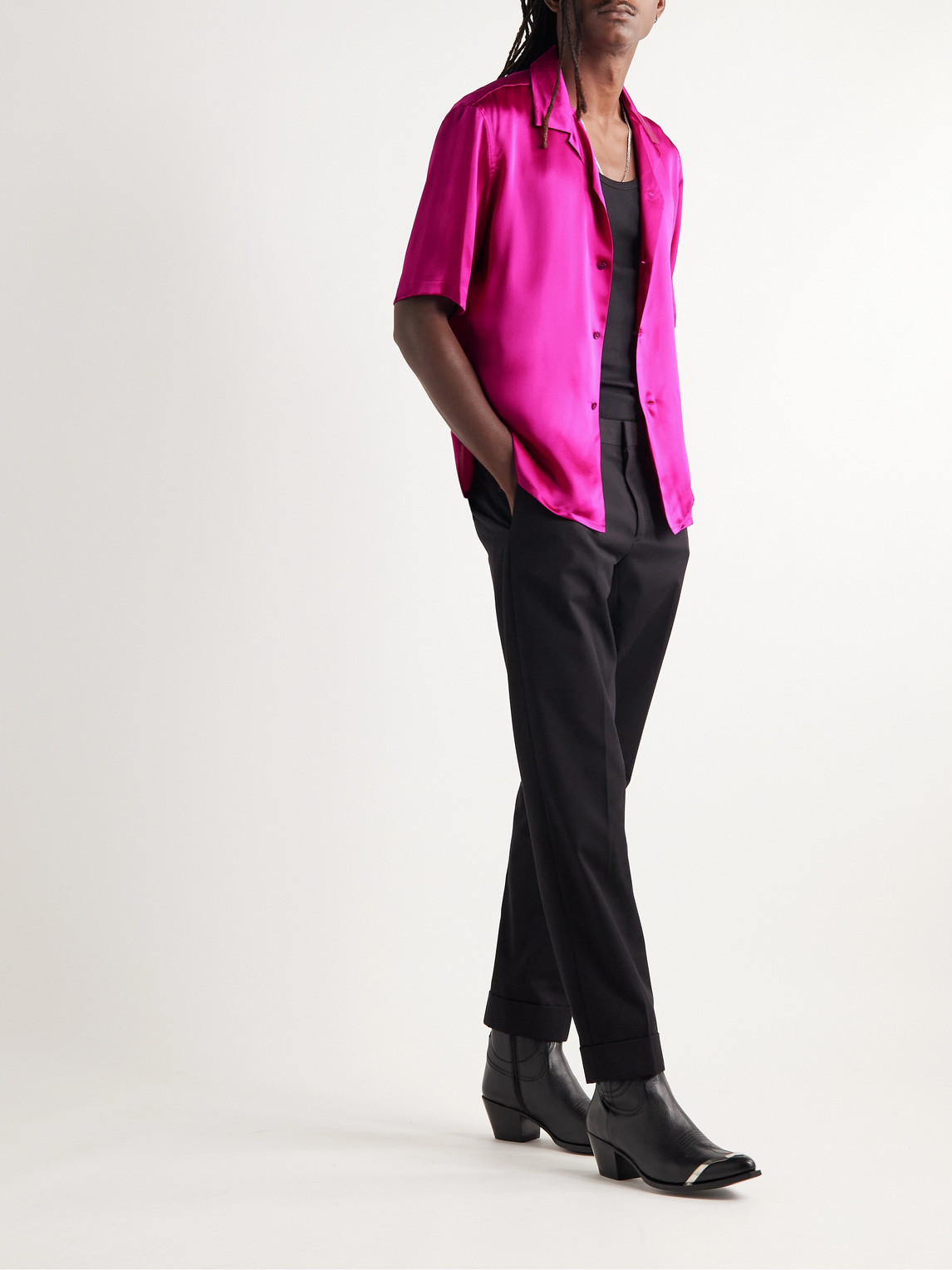 Saint Laurent Convertible-collar Silk-satin Shirt In Pink | ModeSens