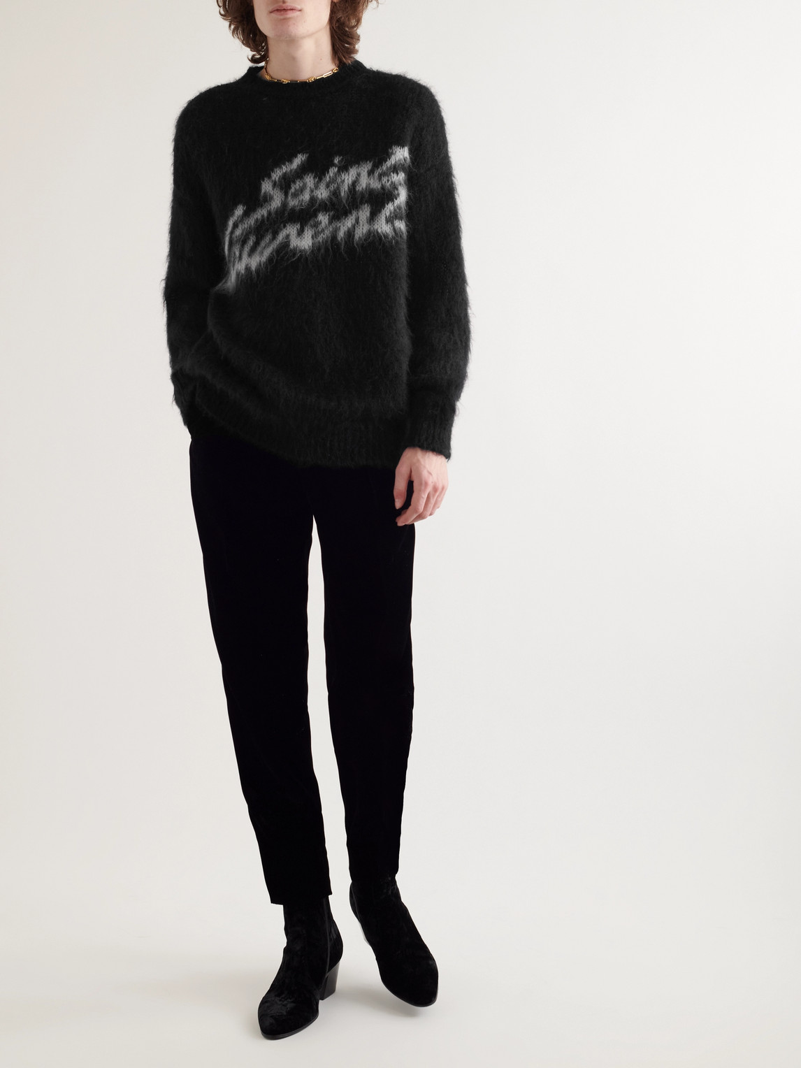 Shop Saint Laurent Logo-intarsia Mohair-blend Sweater In Black