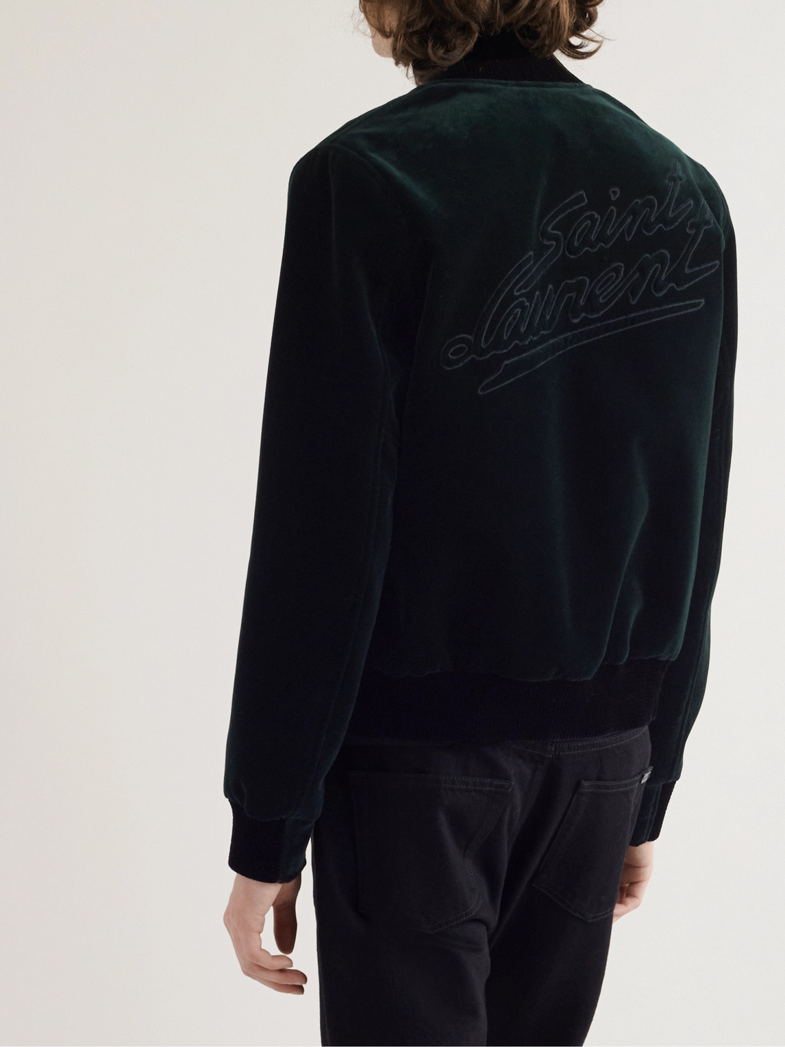 Shop Saint Laurent Teddy Logo-embroidered Cotton-velvet Bomber Jacket In Green