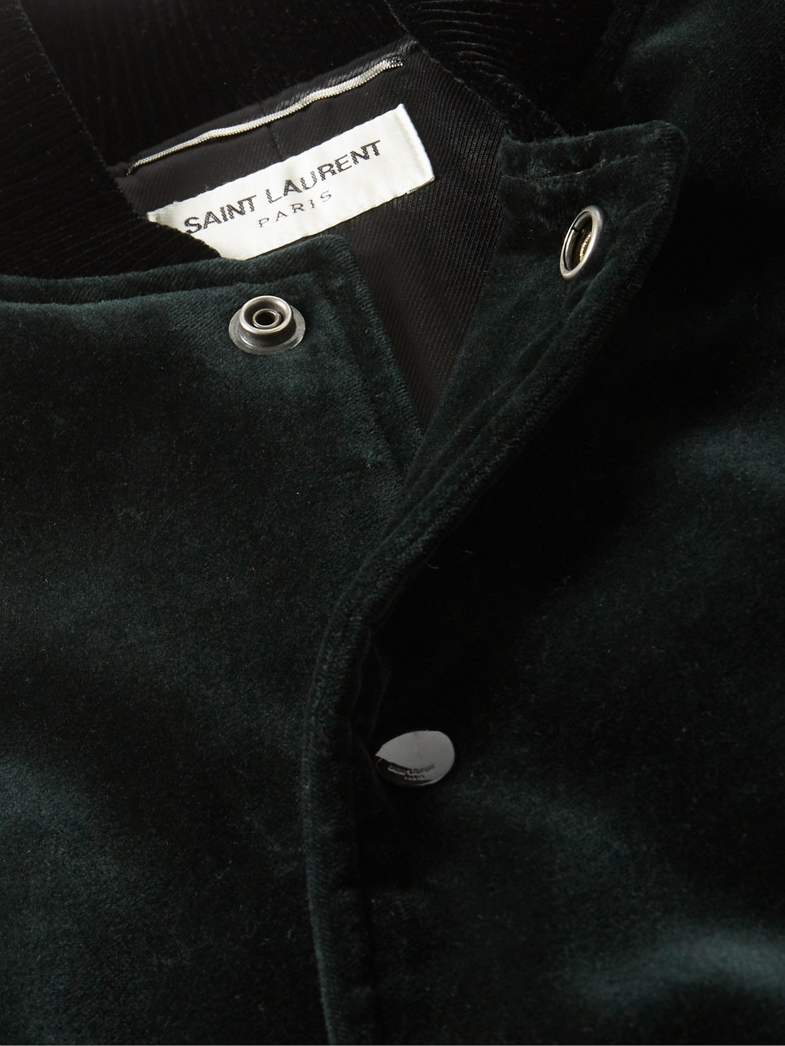 Shop Saint Laurent Teddy Logo-embroidered Cotton-velvet Bomber Jacket In Green
