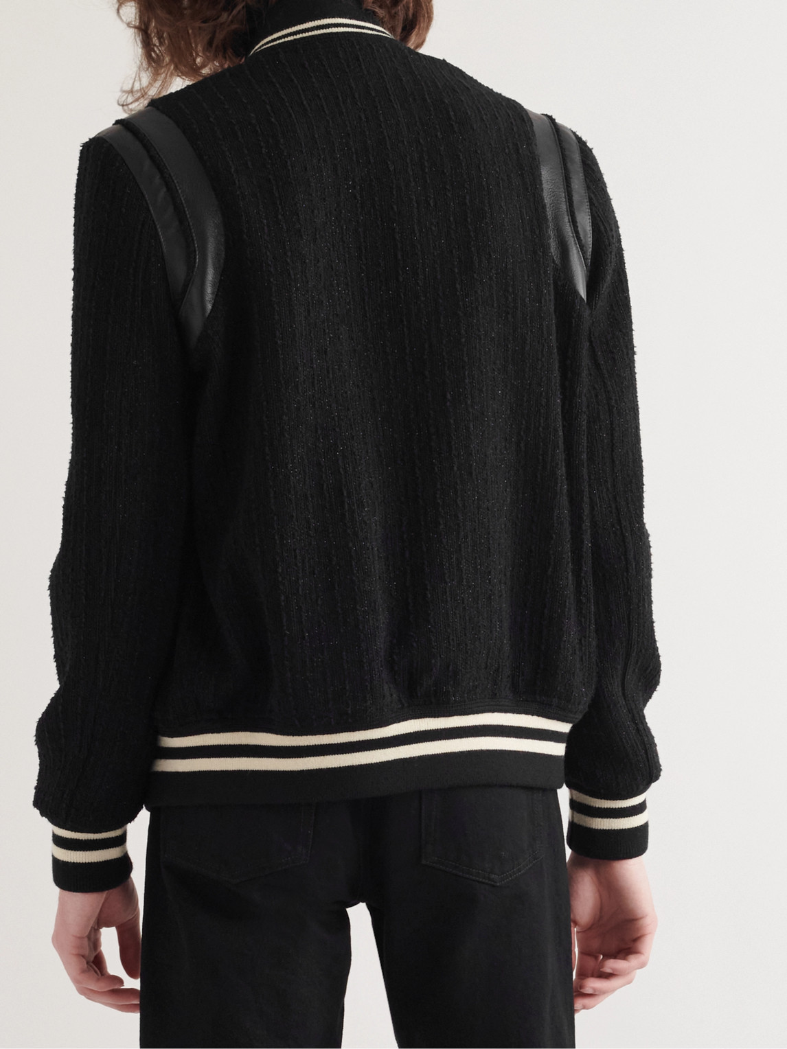 Shop Saint Laurent Teddy Leather-trimmed Metallic Virgin Wool-blend Bomber Jacket In Black
