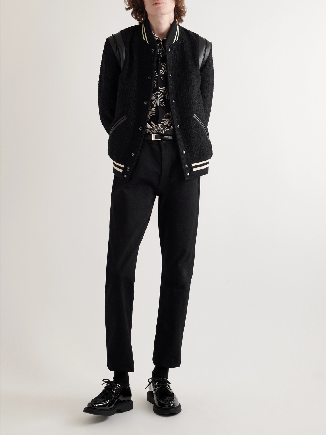 Shop Saint Laurent Teddy Leather-trimmed Metallic Virgin Wool-blend Bomber Jacket In Black