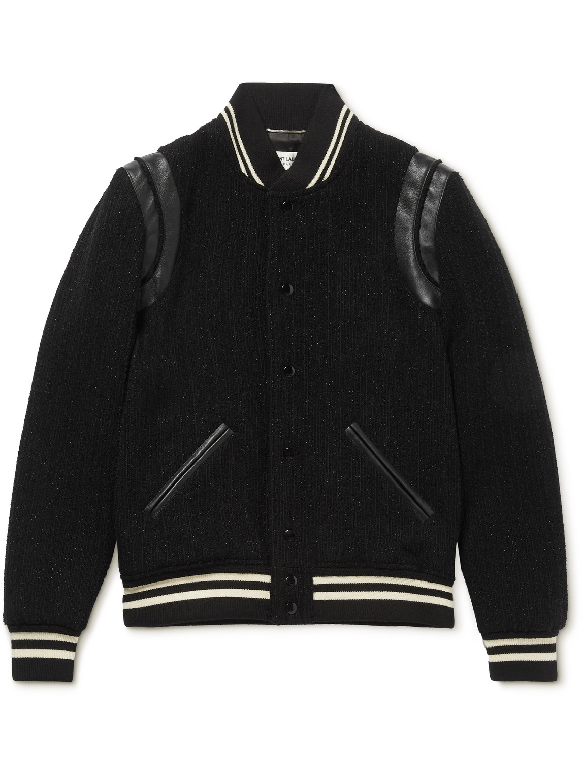 Shop Saint Laurent Teddy Leather-trimmed Metallic Virgin Wool-blend Bomber Jacket In Black