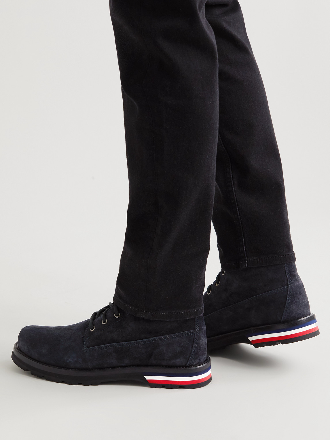 Shop Moncler Vancouver Canvas-trimmed Suede Boots In Blue