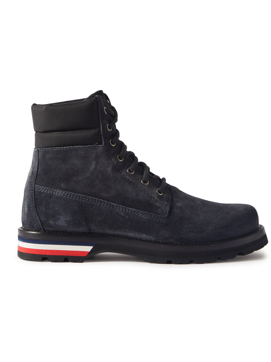 Shop Moncler Vancouver Canvas-trimmed Suede Boots In Blue