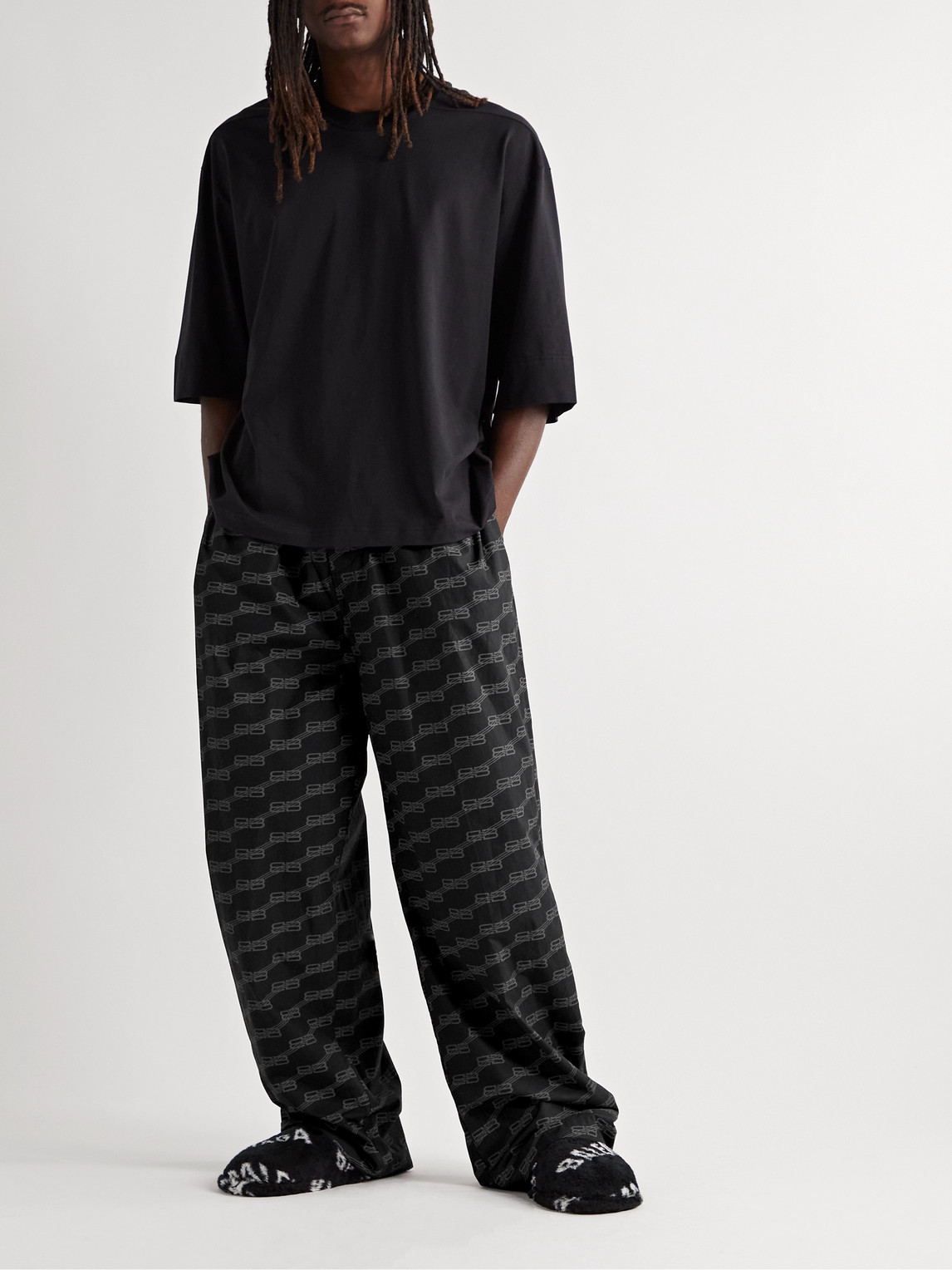 Shop Balenciaga Wide-leg Logo-print Cotton-poplin Pyjama Trousers In Black