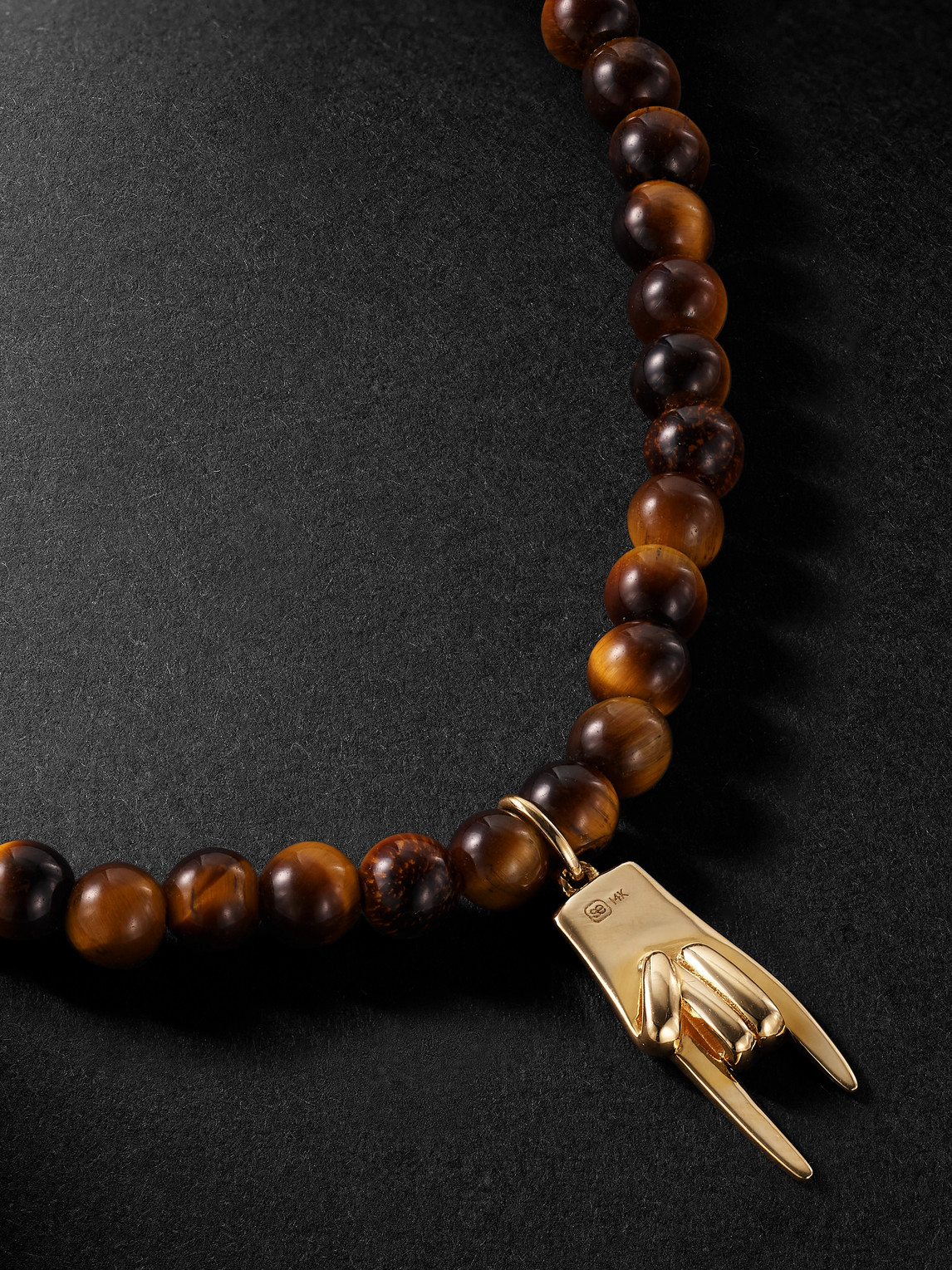 Shop Sydney Evan Small Mano Cornuto Gold, Tiger's Eye And Diamond Beaded Necklace In Brown