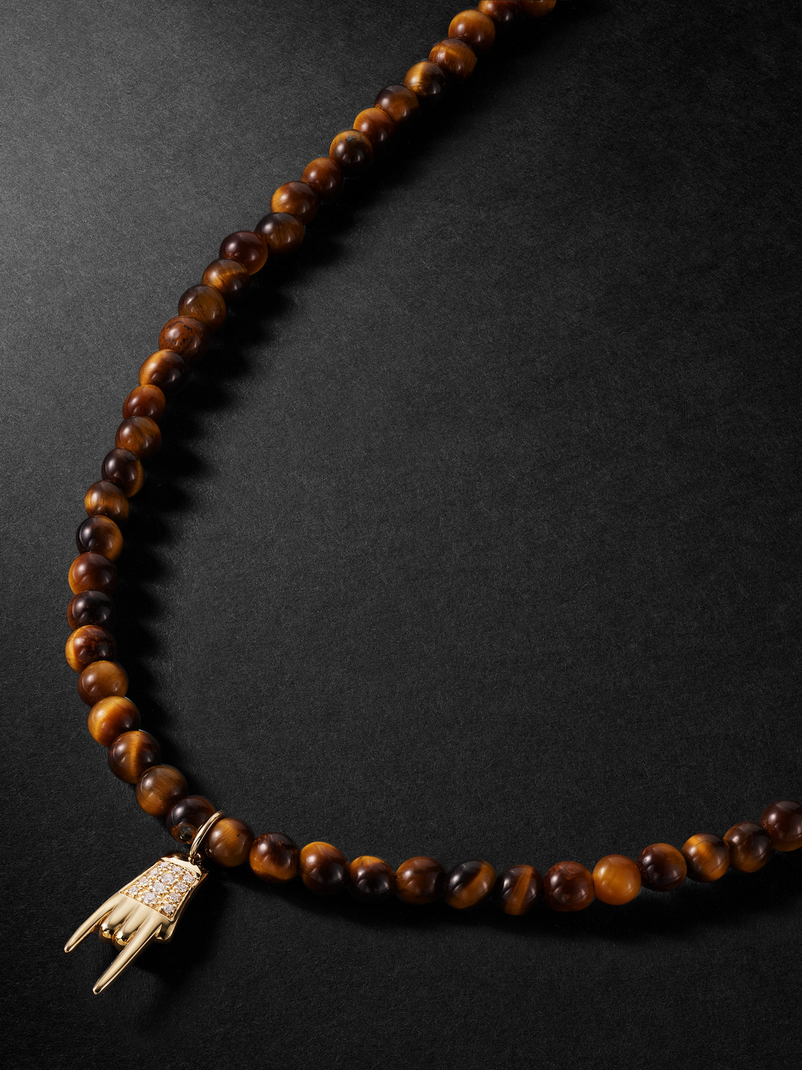 Sydney Evan Small Mano Cornuto Gold, Tiger's Eye And Diamond Beaded Necklace In Brown