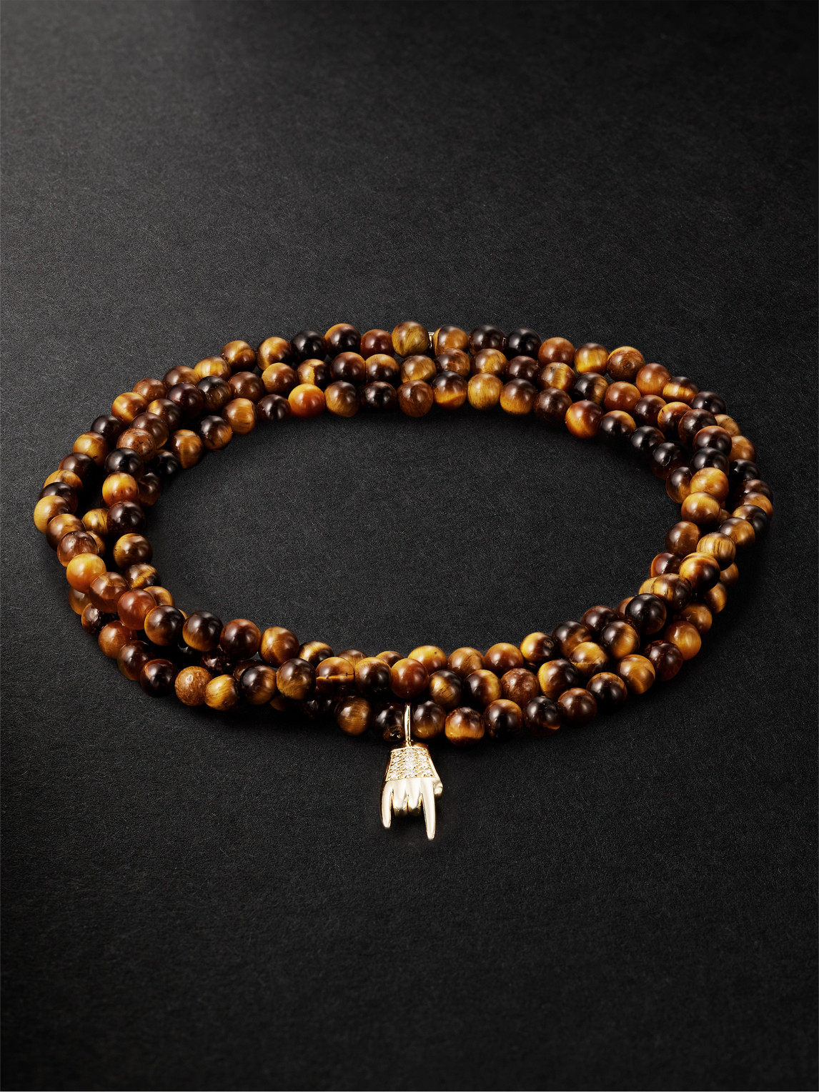Sydney Evan Small Mano Cornuto Gold, Tiger's Eye And Diamond Beaded Necklace In Brown