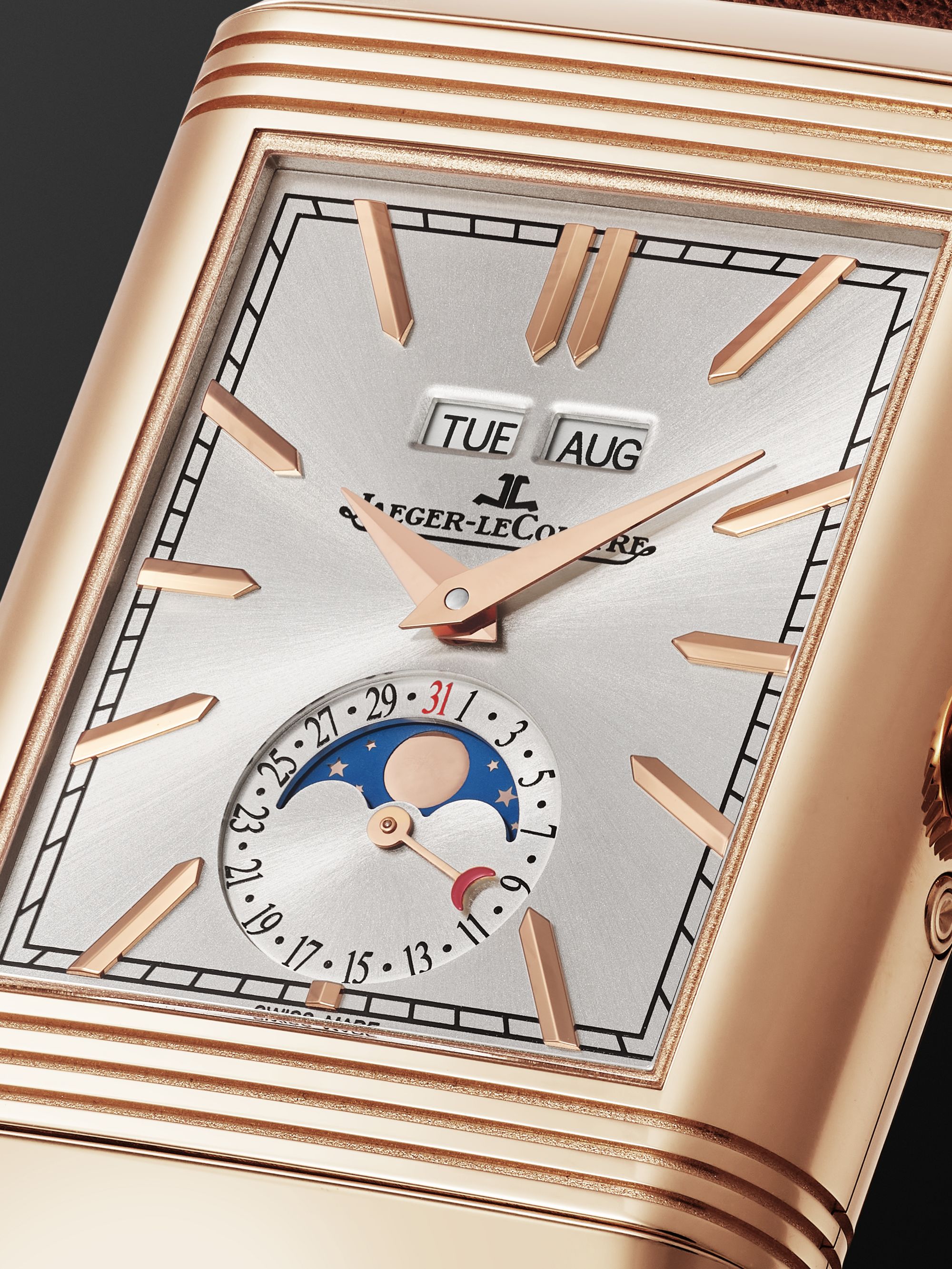 JAEGER LECOULTRE Reverso Tribute Duoface Calendar 49.4mm x 29.9mm 18-Karat Pink Gold and Leather Watch, Ref. No Q3912530