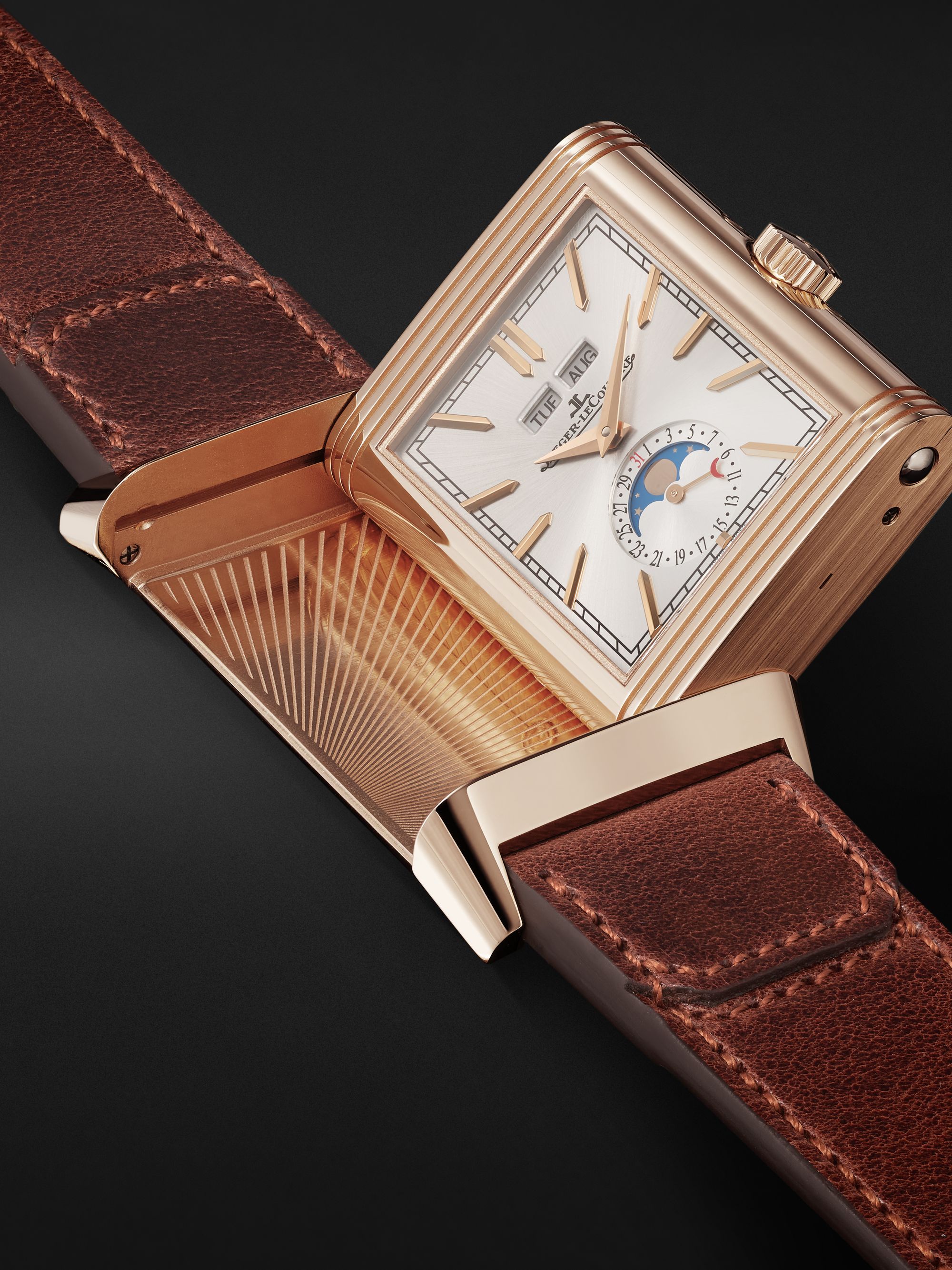 JAEGER LECOULTRE Reverso Tribute Duoface Calendar 49.4mm x 29.9mm 18-Karat Pink Gold and Leather Watch, Ref. No Q3912530
