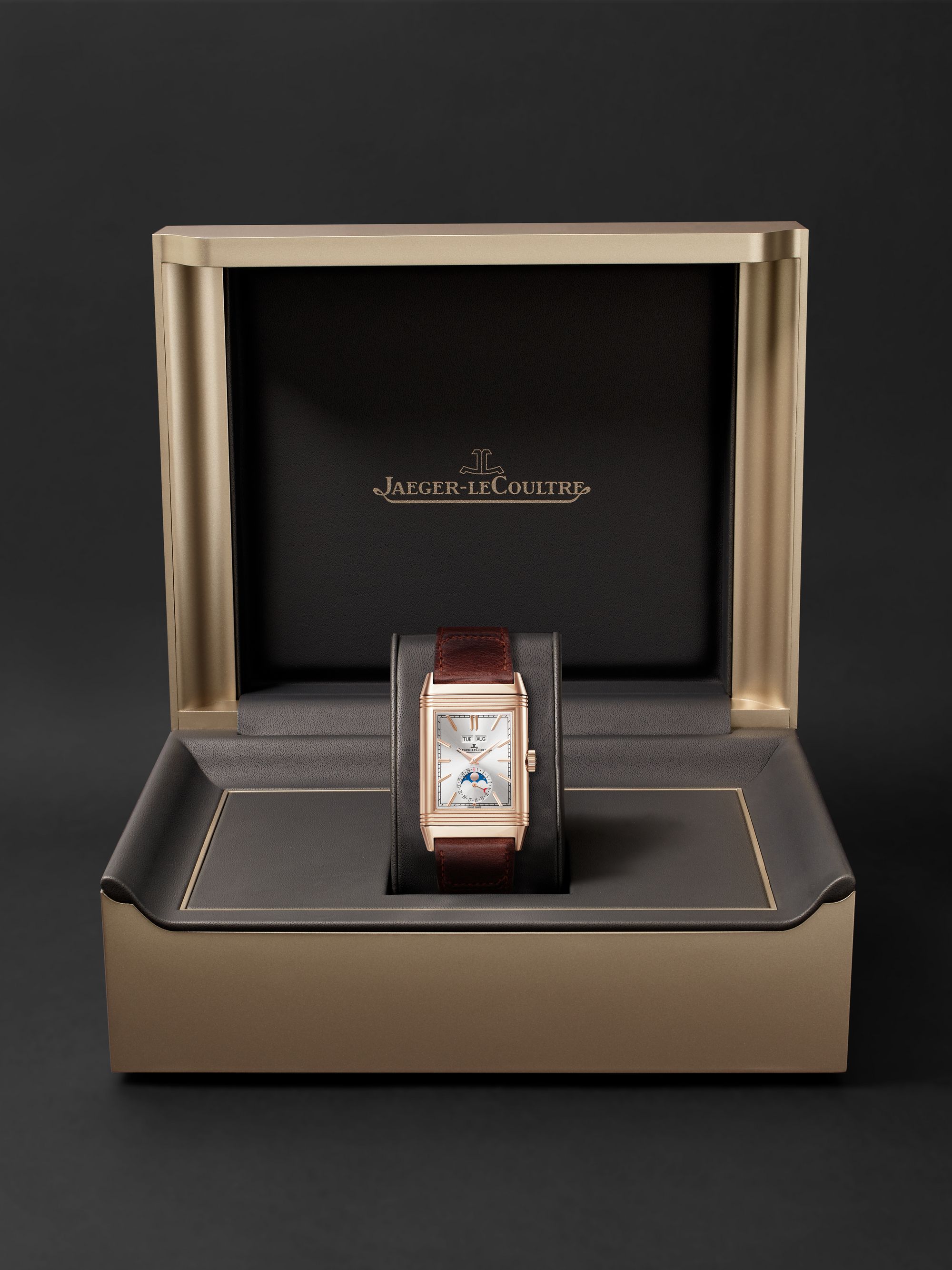 JAEGER LECOULTRE Reverso Tribute Duoface Calendar 49.4mm x 29.9mm 18-Karat Pink Gold and Leather Watch, Ref. No Q3912530