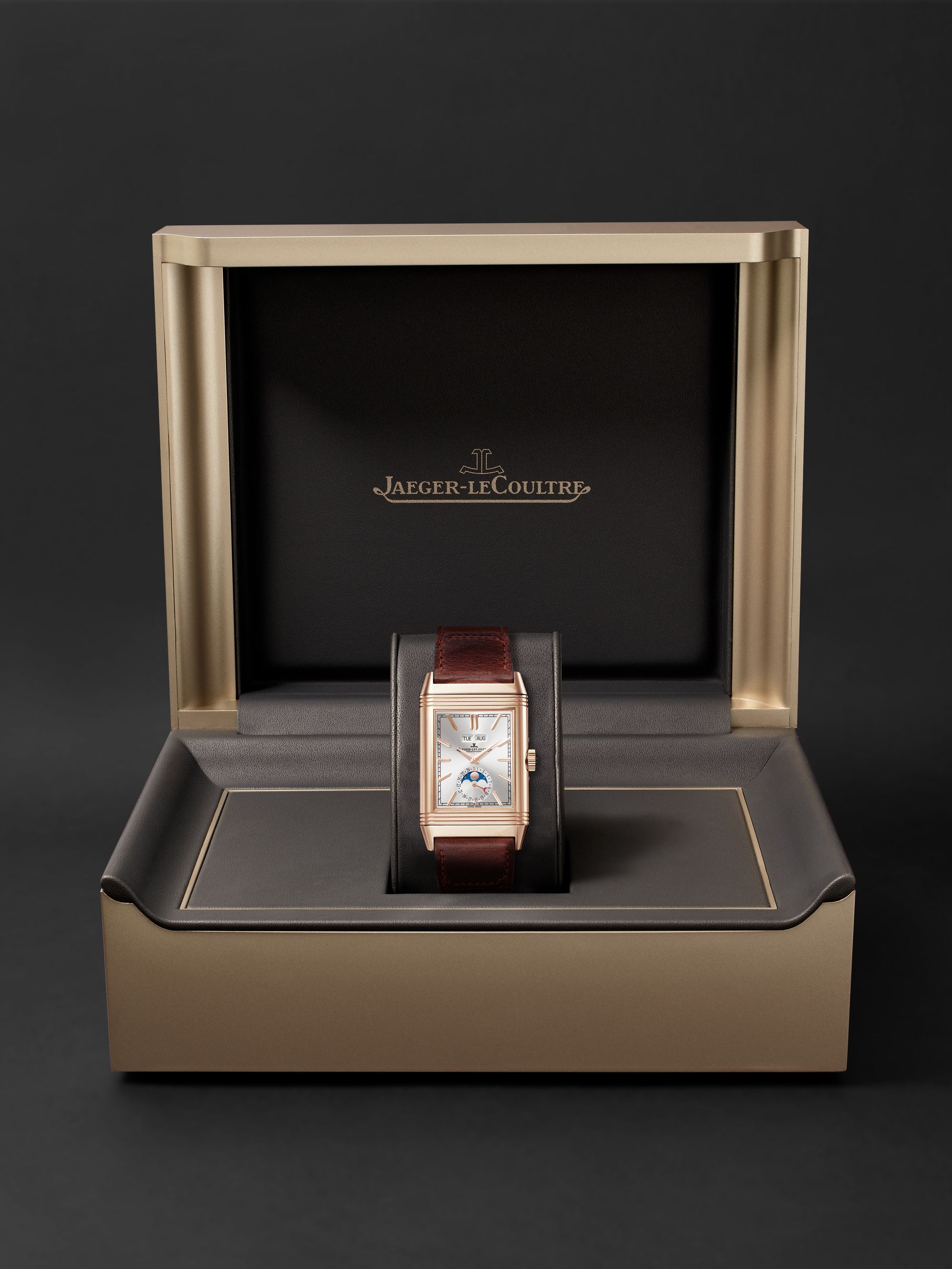 JAEGER-LECOULTRE Reverso Tribute Duoface Calendar 49,4 mm x 29,9 mm Uhr aus 18 Karat Roségold mit Lederarmband, Ref.-Nr.: Q3912530