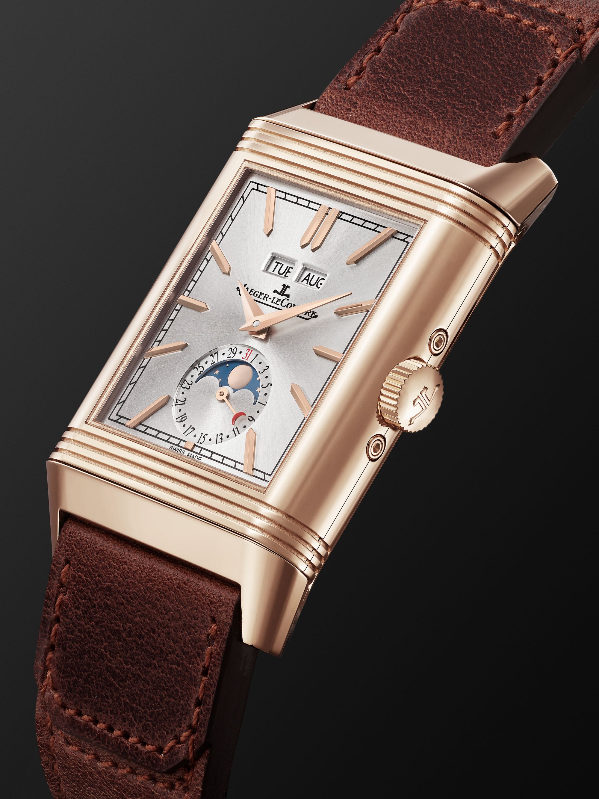 JAEGER LECOULTRE Reverso Tribute Duoface Calendar 49.4mm x 29.9mm 18-Karat Pink Gold and Leather Watch, Ref. No Q3912530