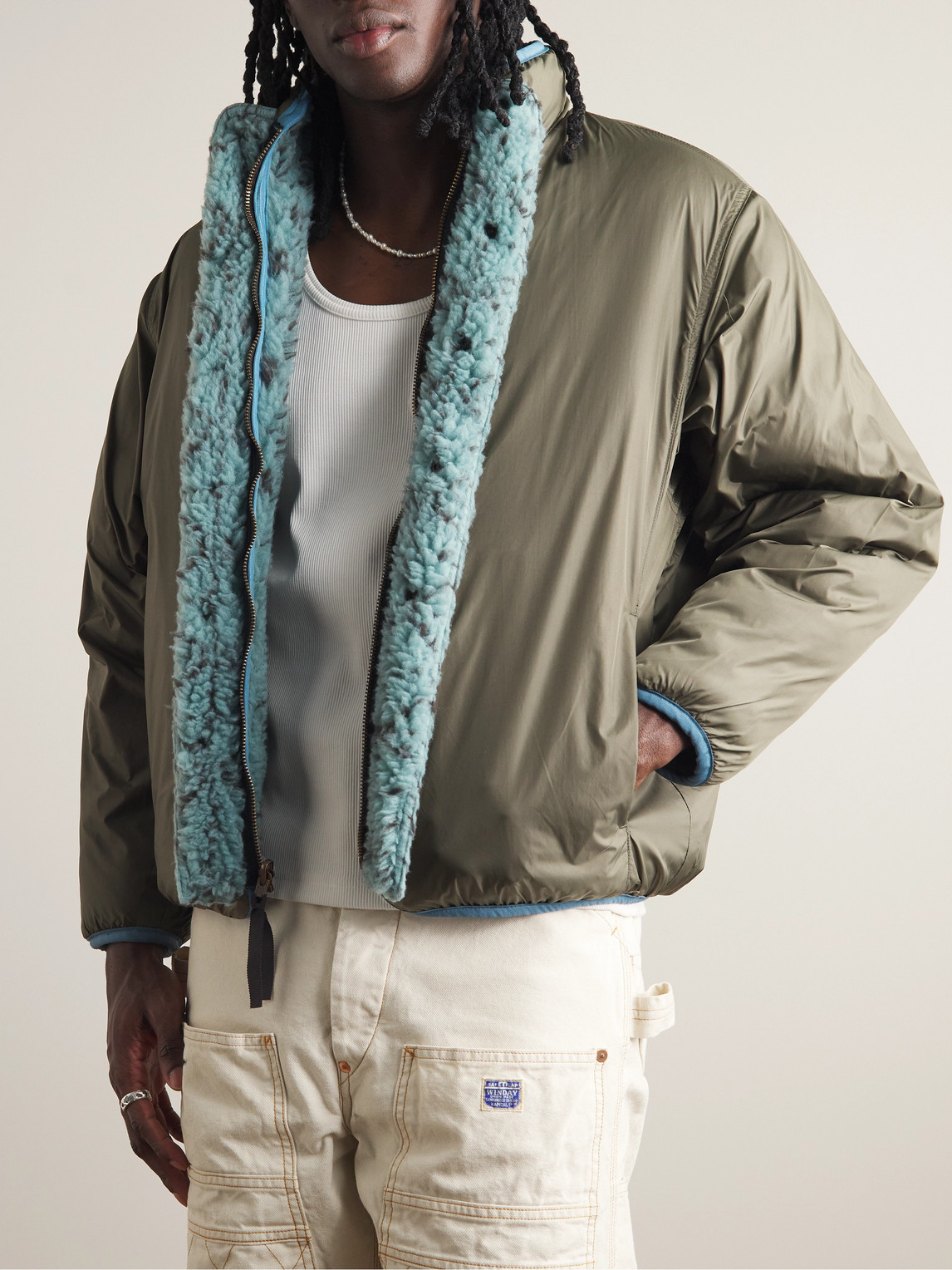 Shop Kapital Sashiko Boa Reversible Printed Fleece And Shell Jacket In Blue