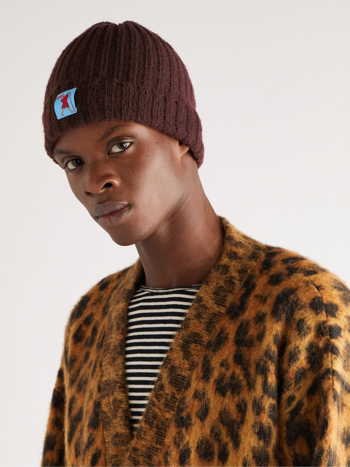 Shop Kapital 5g Logo-appliquéd Ribbed-knit Beanie In Brown