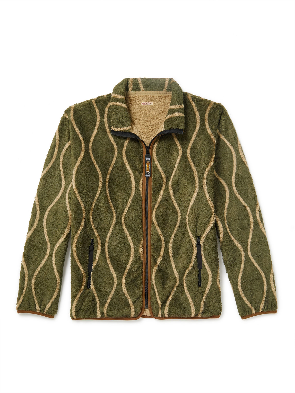 Kapital Jacquard-trimmed Striped Fleece Jacket In Green