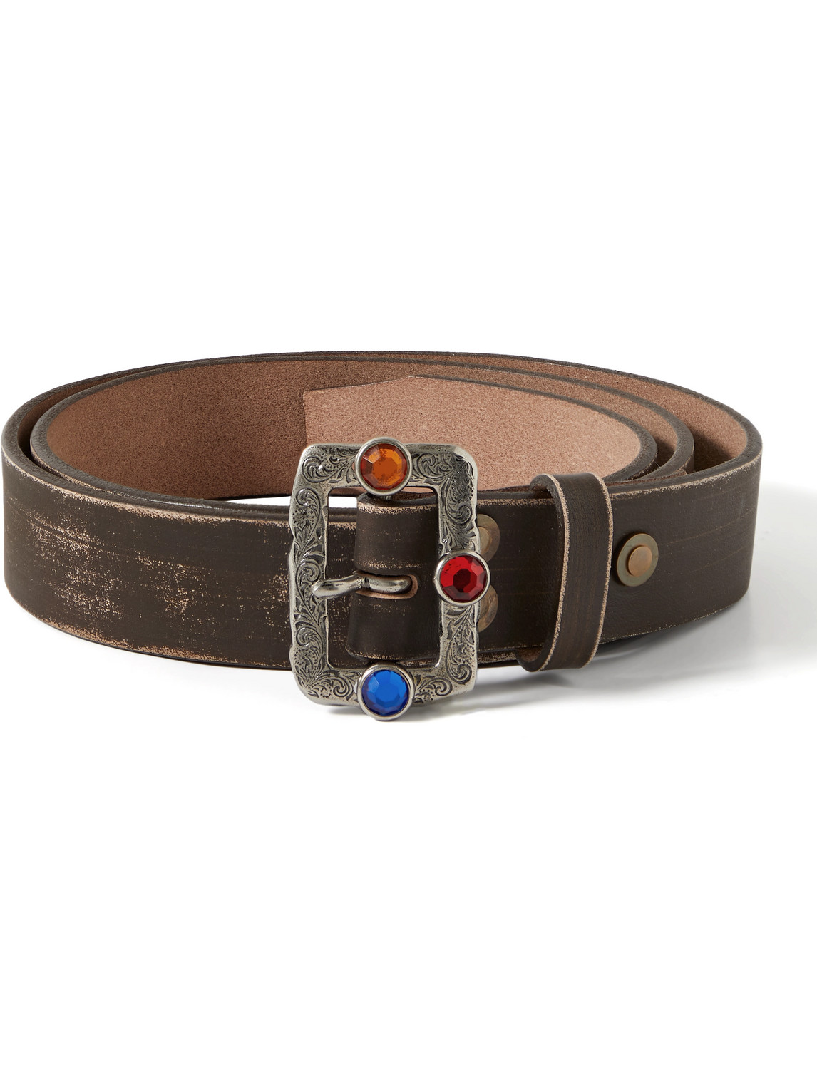 Kapital 2.5cm Disco Embellished Distressed Leather Belt In Brown