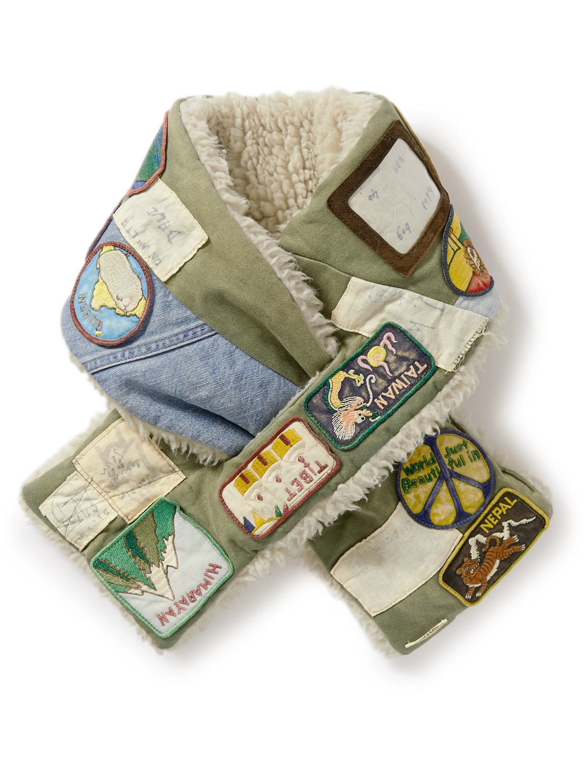 Patchwork Embroidered Fleece-Lined Cotton-Canvas Scarf