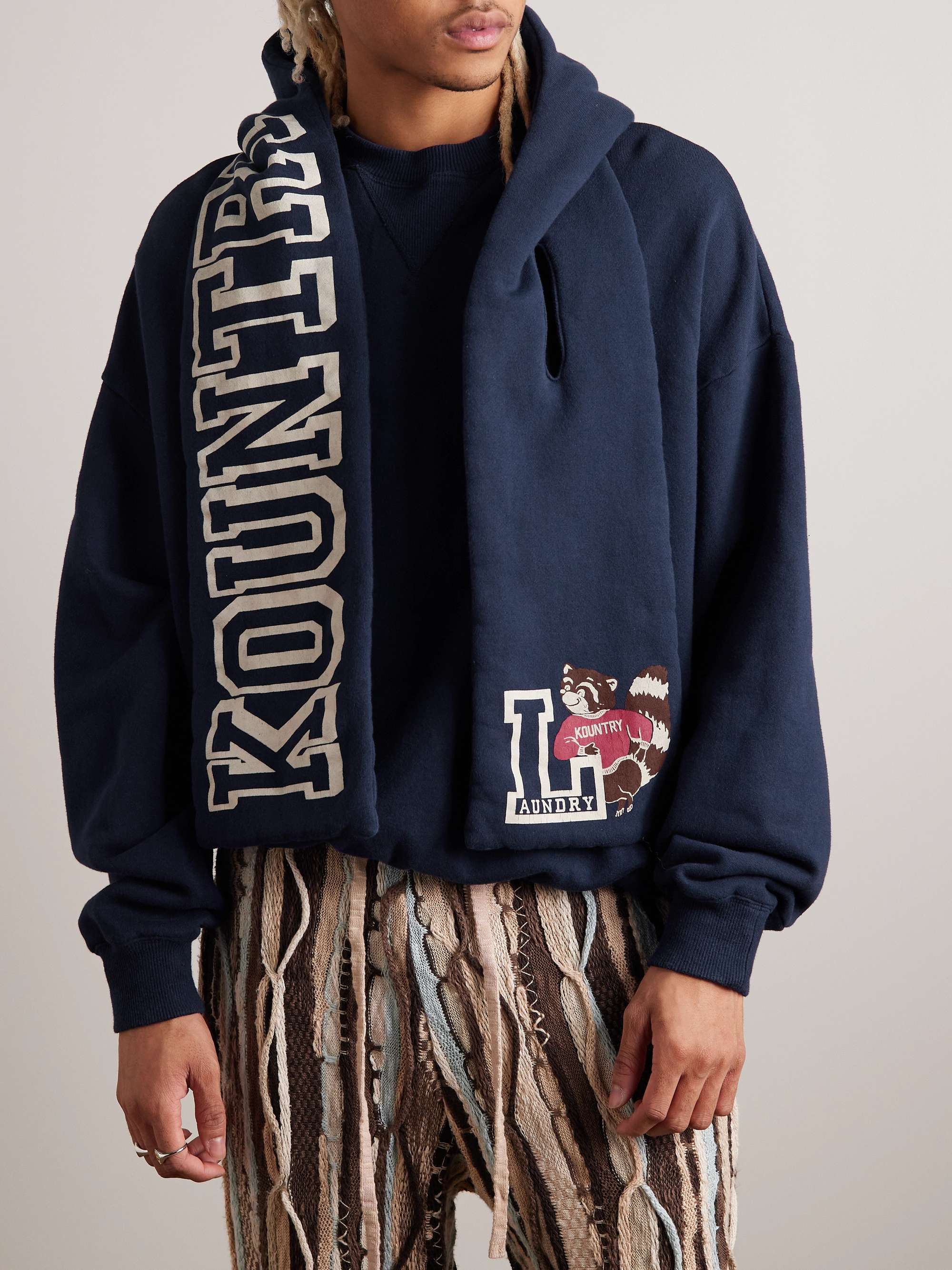 KAPITAL Scarf-Detail Logo-Print Cotton-Jersey Hoodie