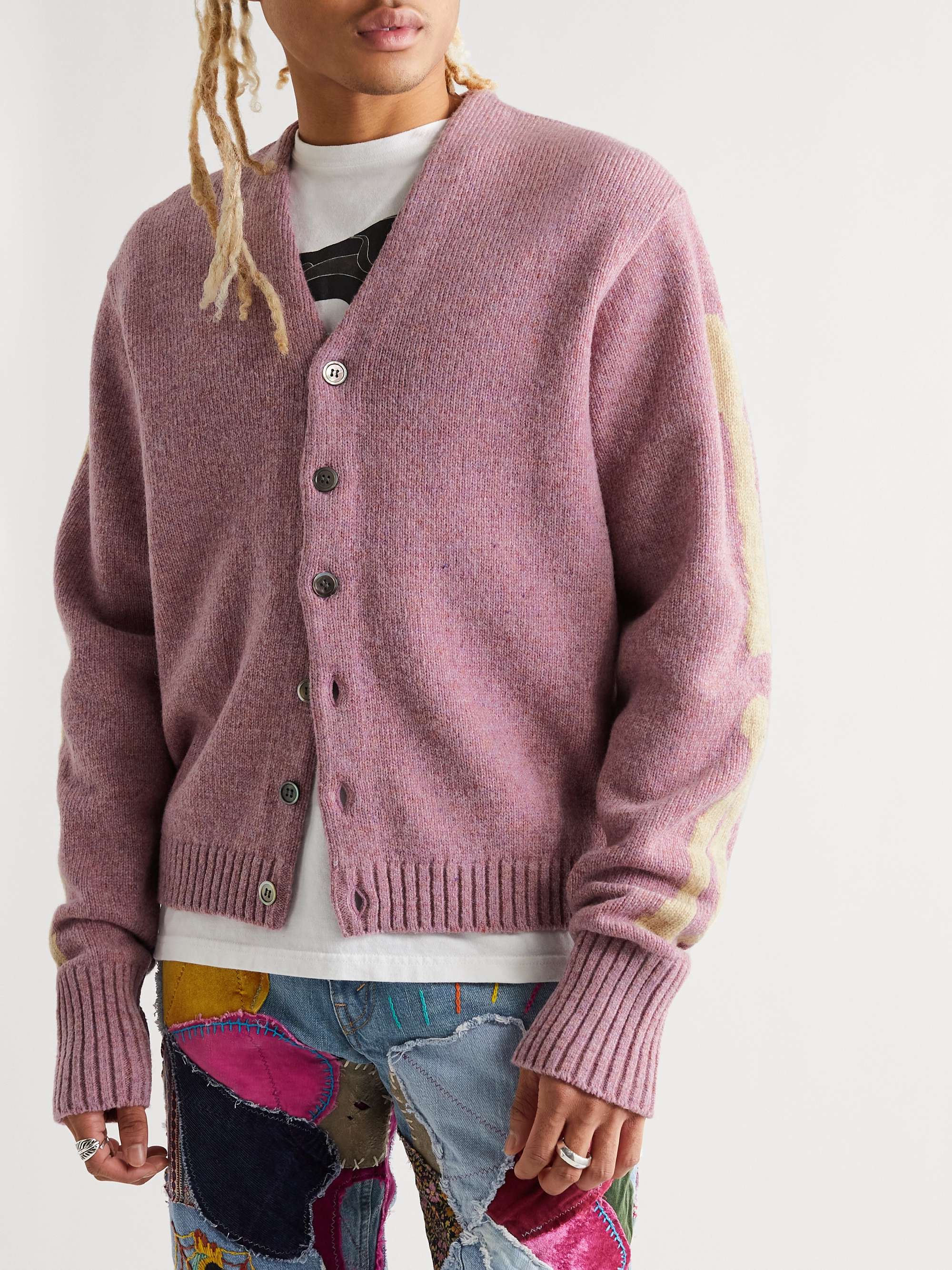 KAPITAL Distressed Jacquard-Knit Wool Cardigan
