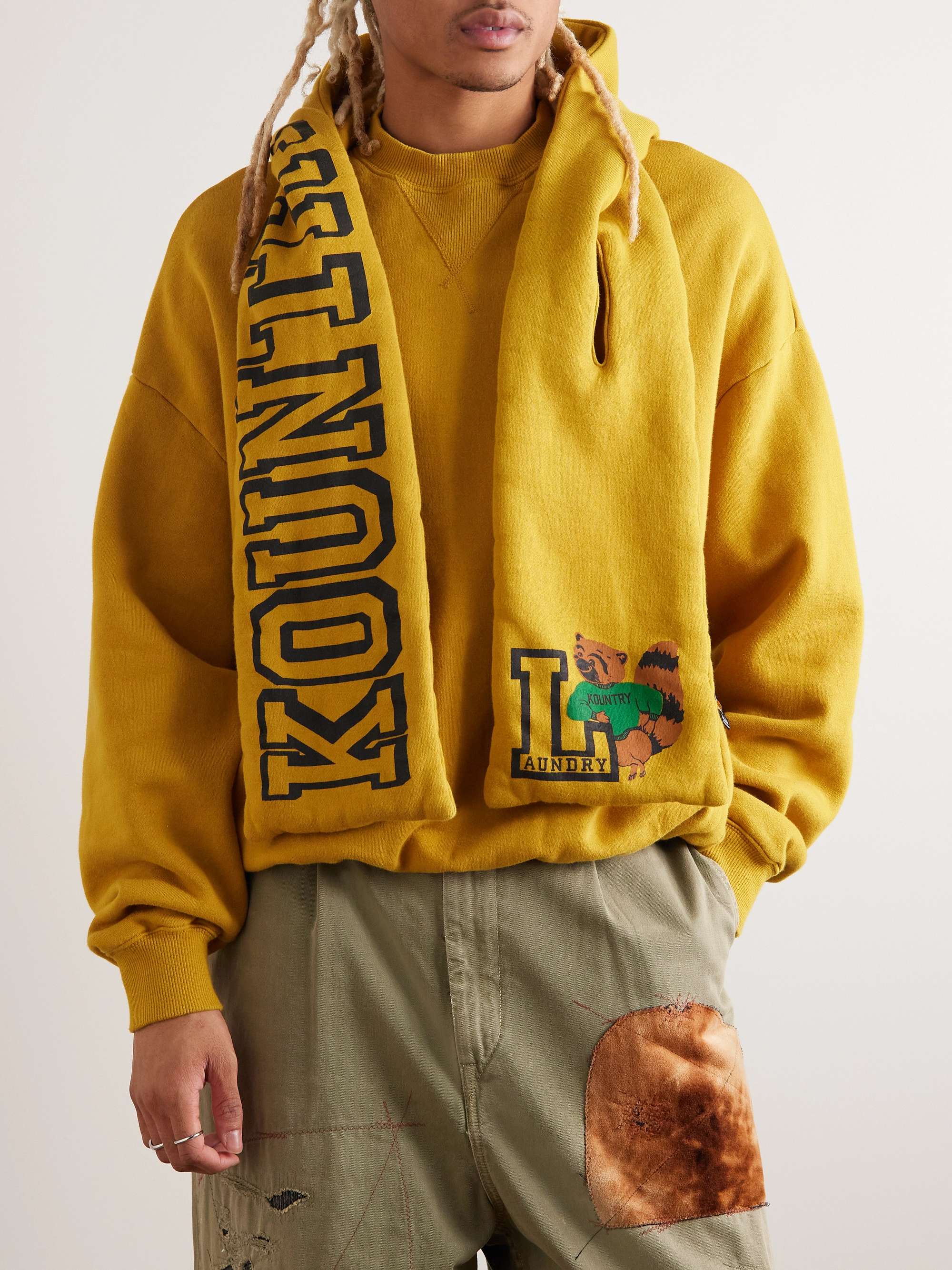 KAPITAL Scarf-Detail Logo-Print Cotton-Jersey Hoodie