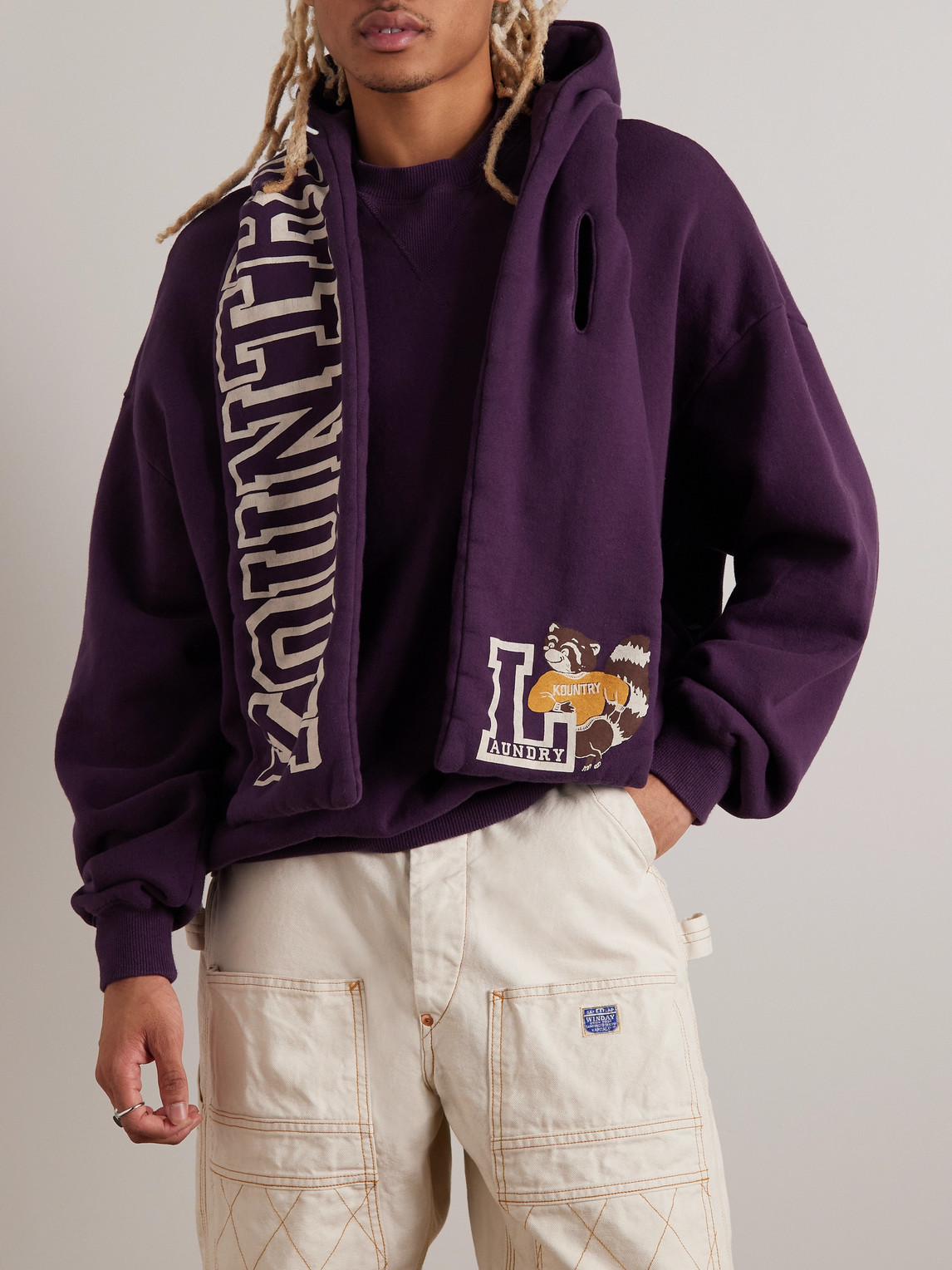 Kapital Scarf-detail Logo-print Cotton-jersey Hoodie In Purple