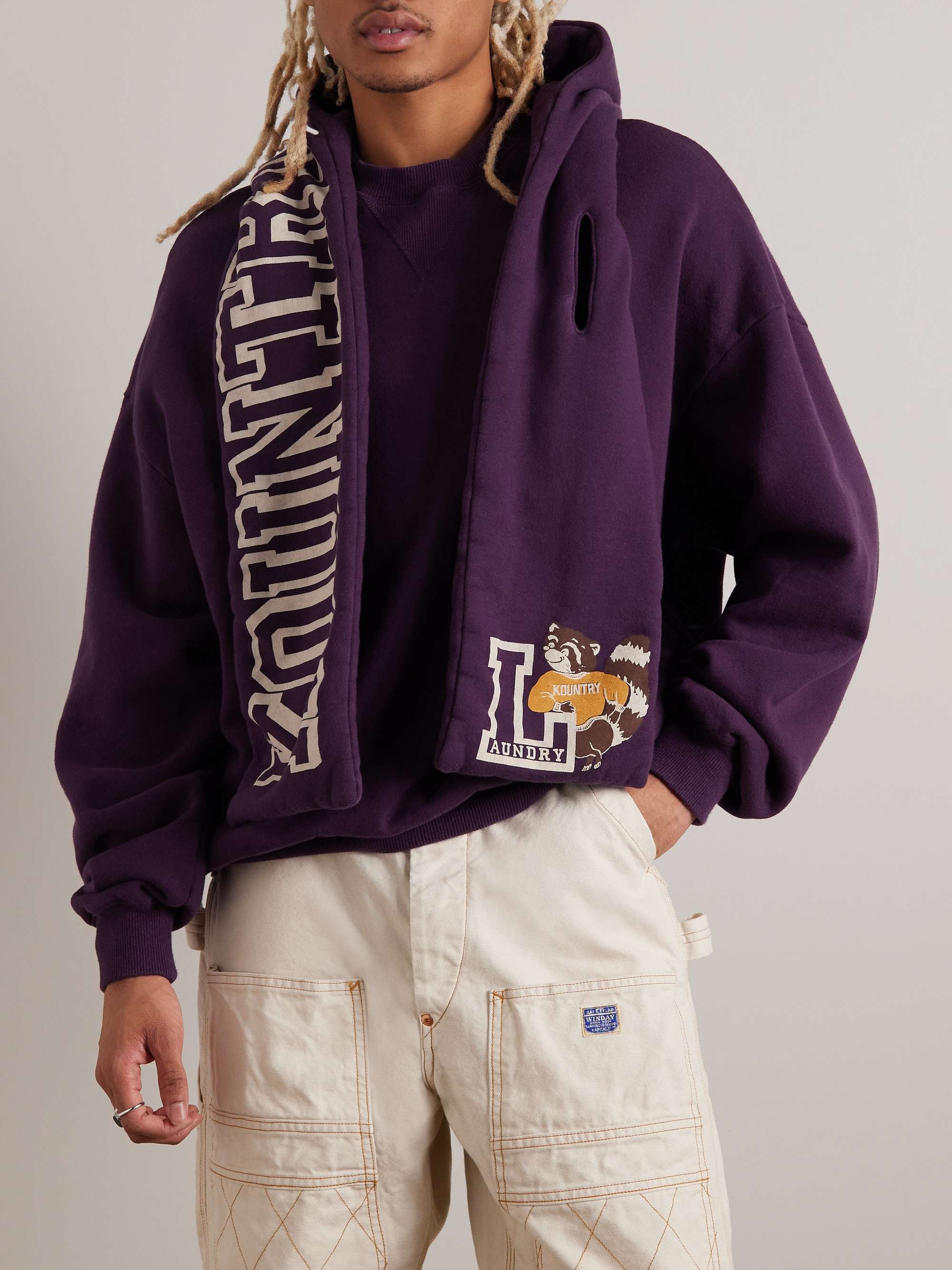 KAPITAL Scarf-Detail Logo-Print Cotton-Jersey Hoodie