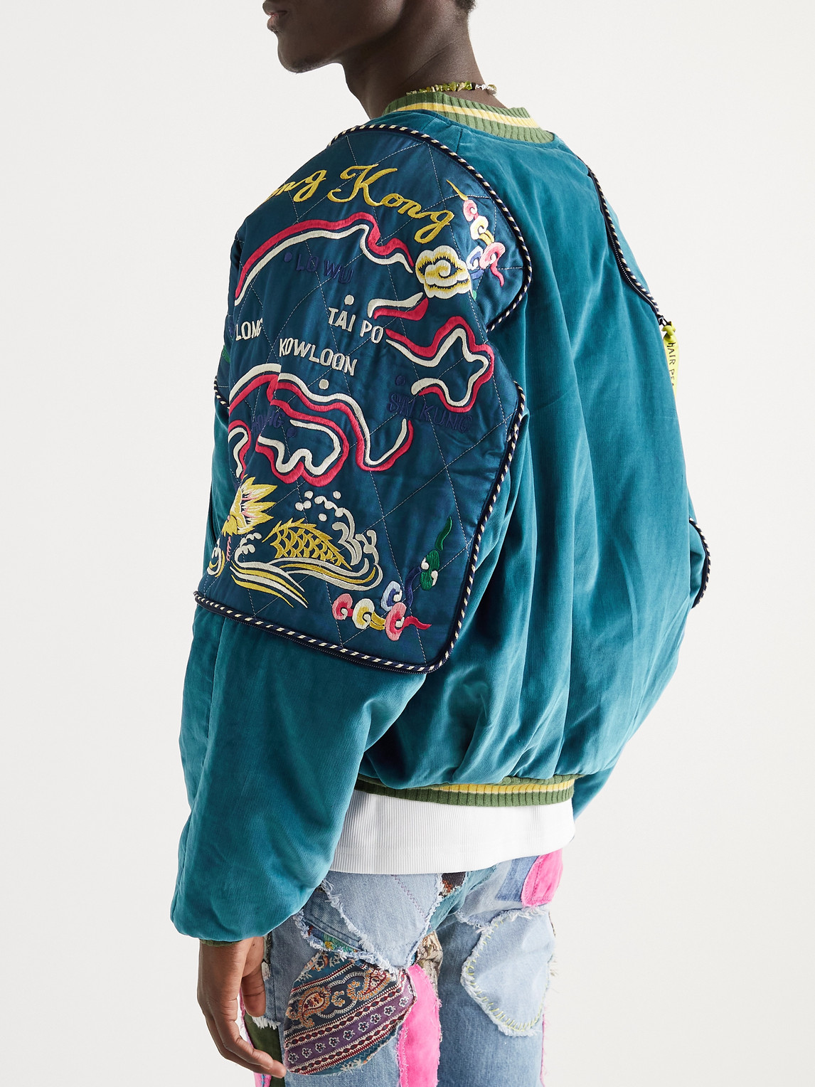 Shop Kapital Embroidered Padded Cotton-velvet And Satin Bomber Jacket In Blue