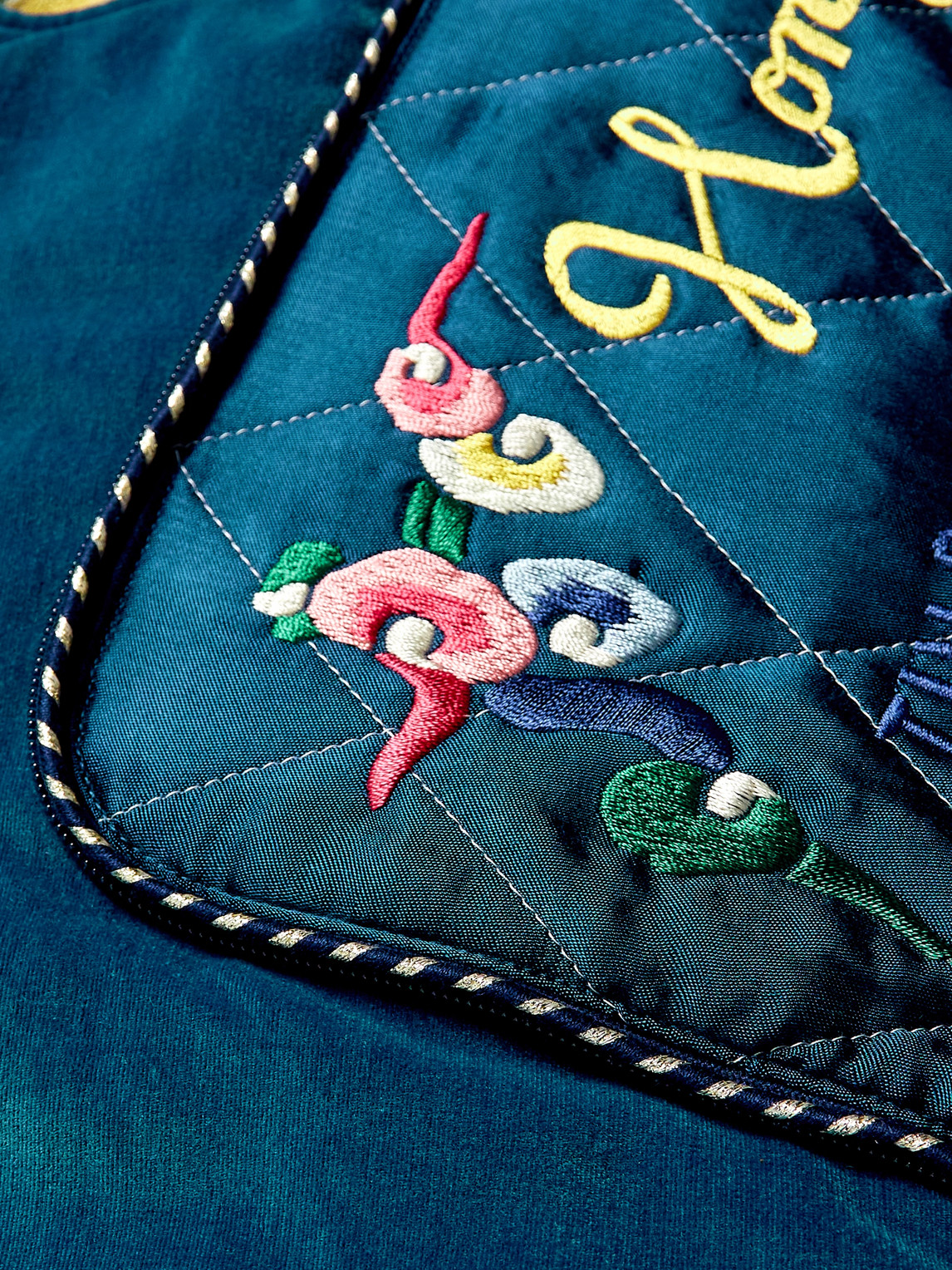 Shop Kapital Embroidered Padded Cotton-velvet And Satin Bomber Jacket In Blue