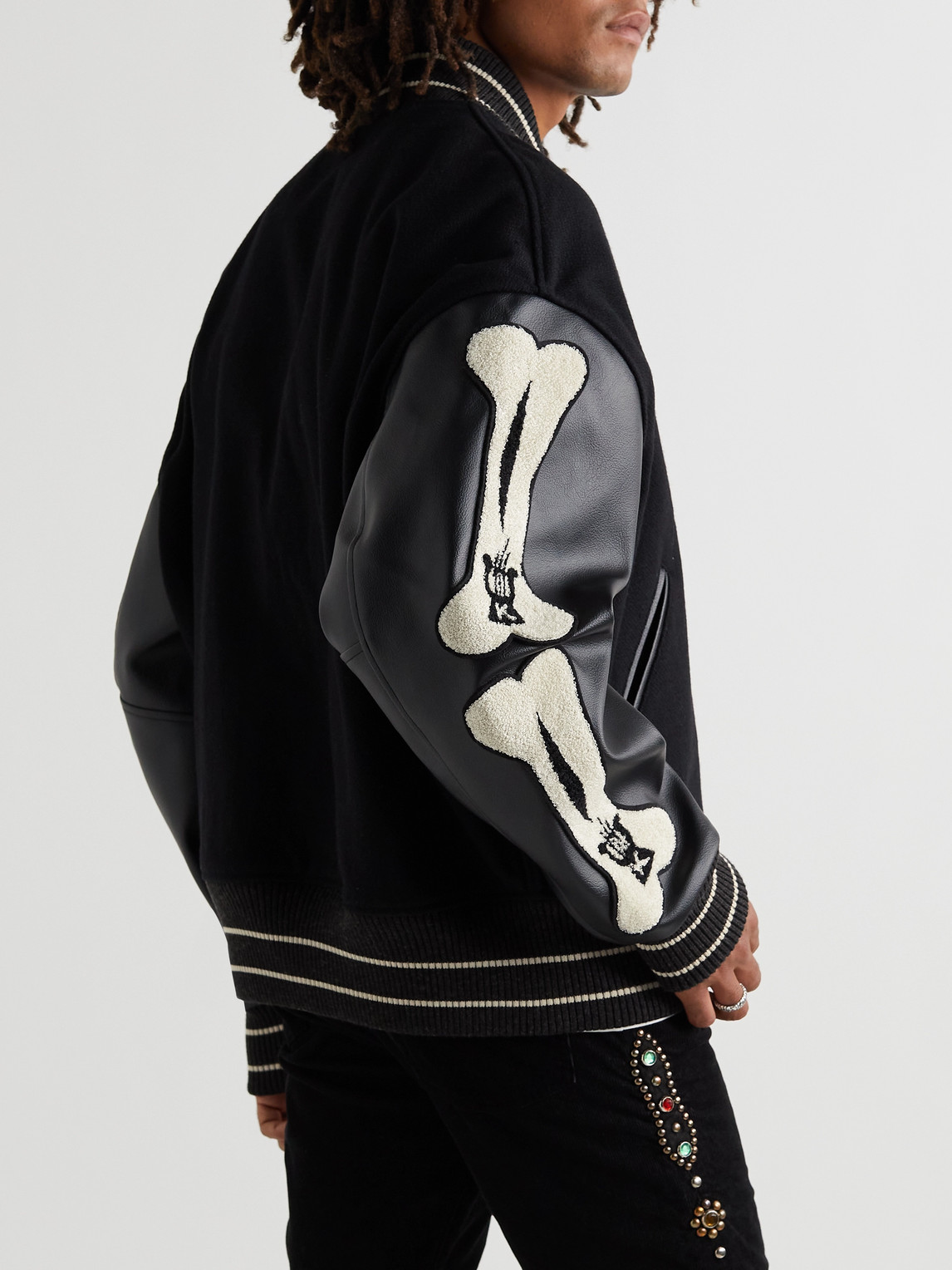 Shop Kapital Faux Leather And Wool-blend Varsity Jacket In Black