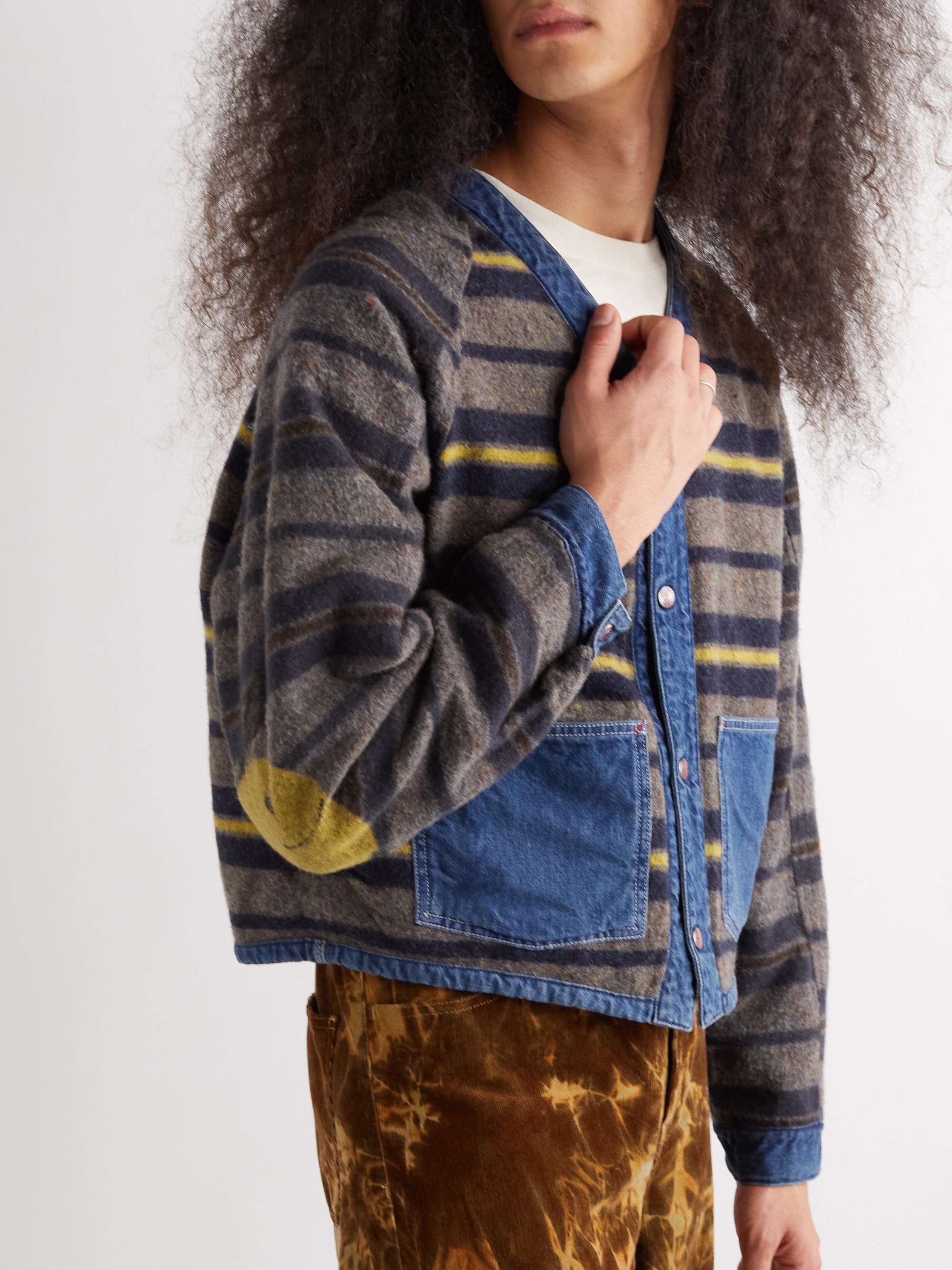 KAPITAL Coneybowy Reversible Denim and Striped Knitted Jacket