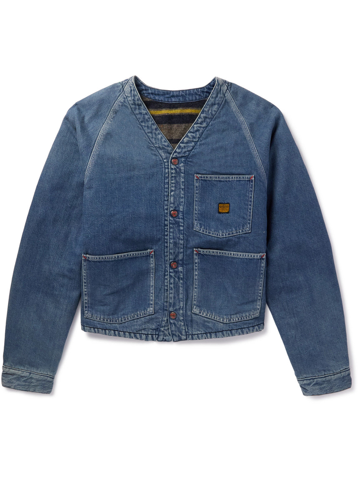 Kapital Coneybowy Reversible Denim And Striped Knitted Jacket In Blue