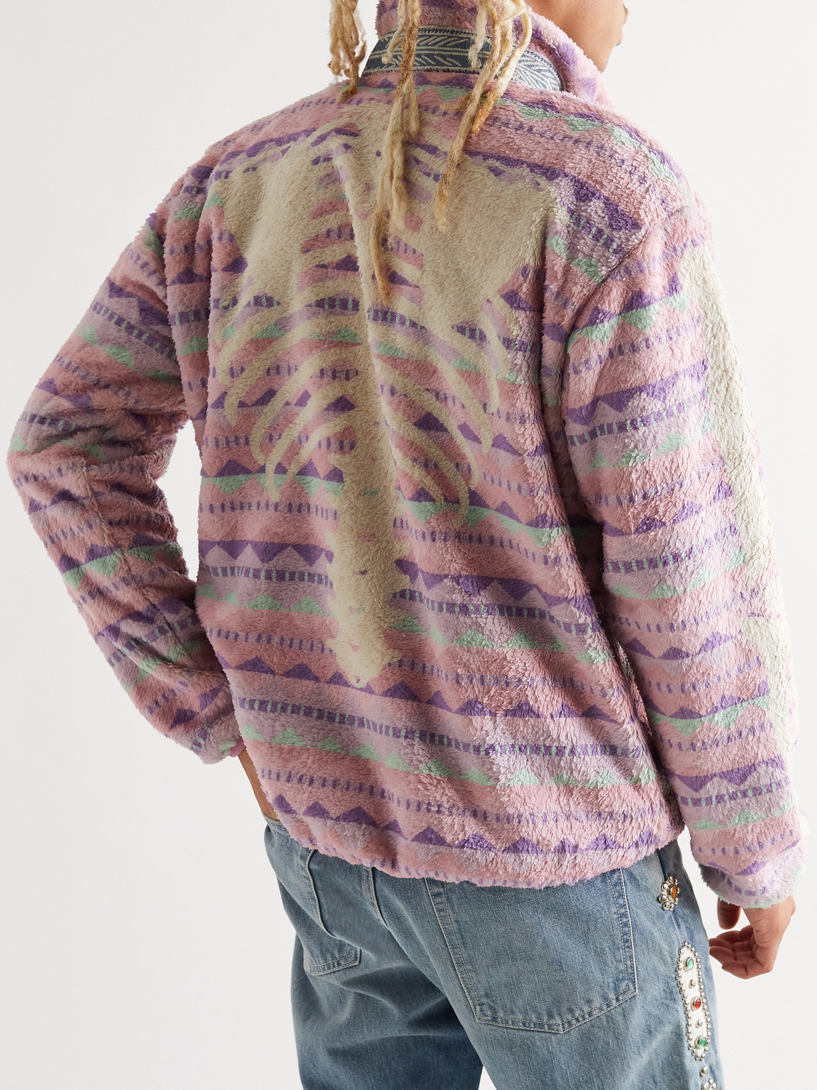 Shop Kapital Ashland Printed Fleece Zip-up Sweatshirt In Pink