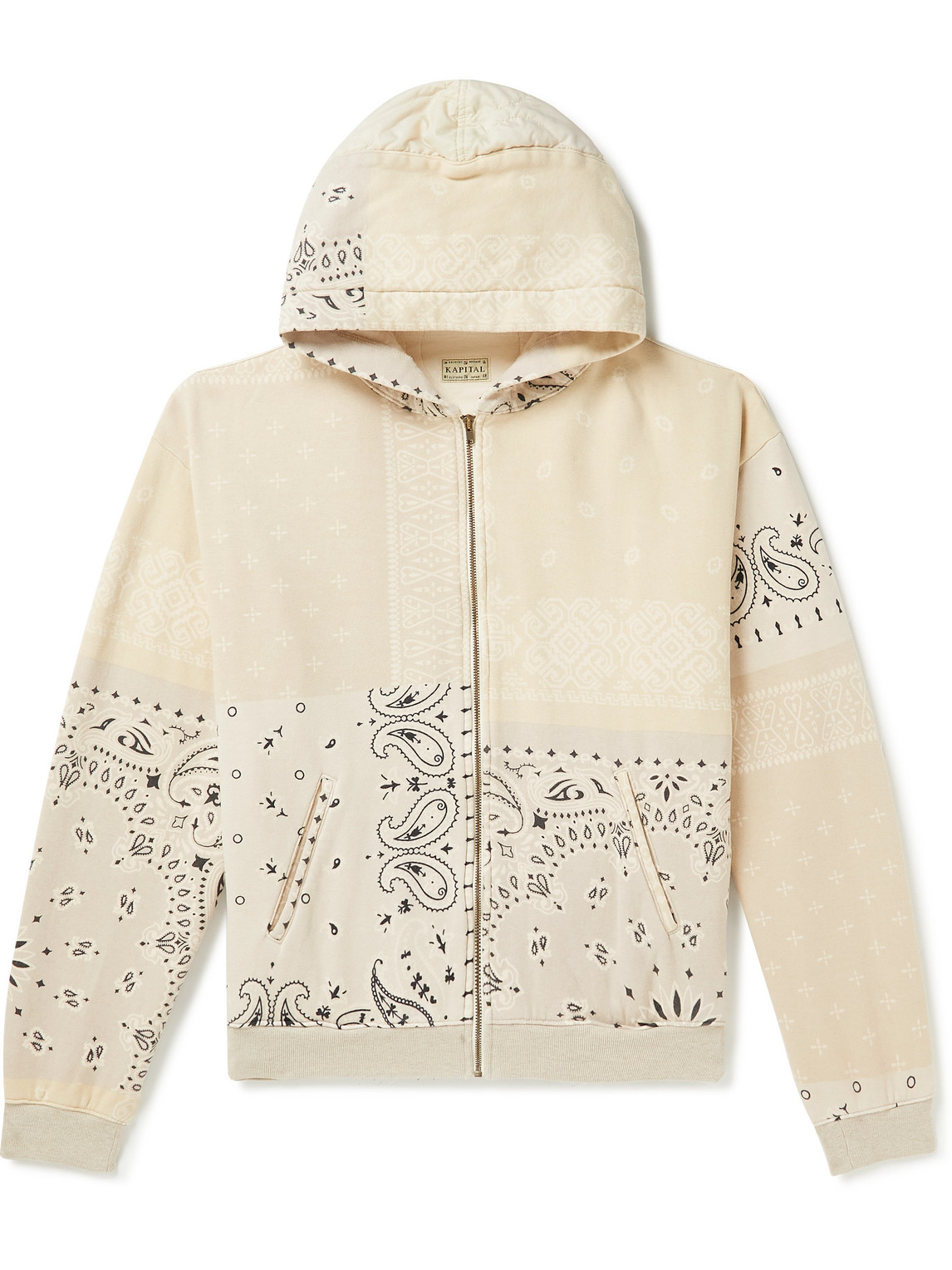Kapital Shell-trimmed Printed Cotton-jersey Zip-up Hoodie In Neutrals