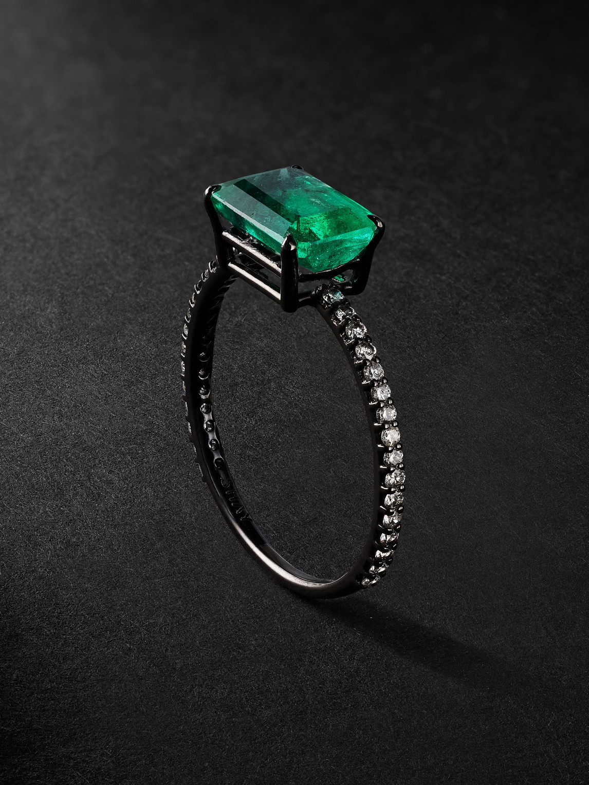 Shay Blackened Gold, Emerald And Diamond Ring In Green