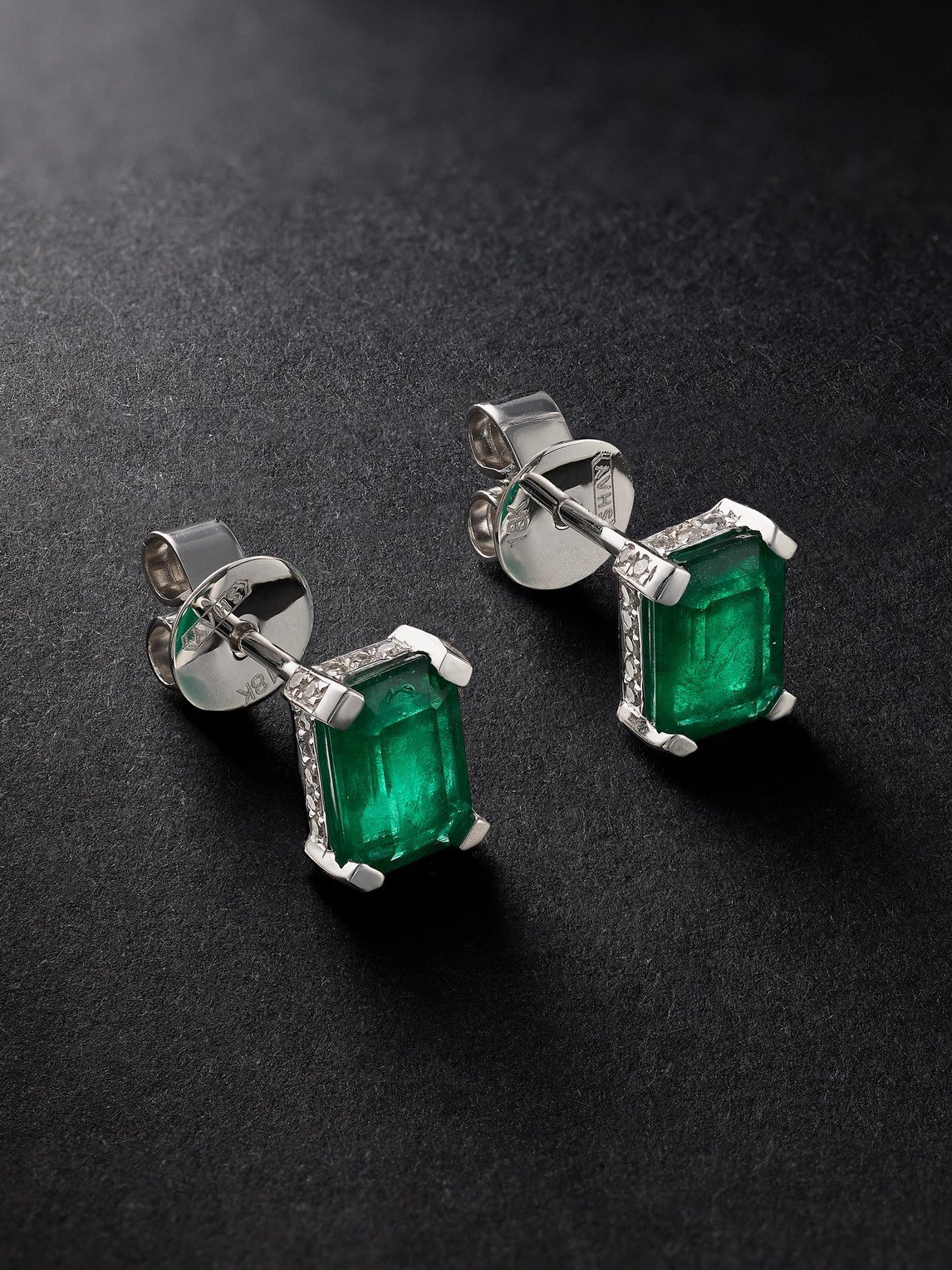 Shay Hidden Halo White Gold, Emerald And Diamond Earrings In Silver