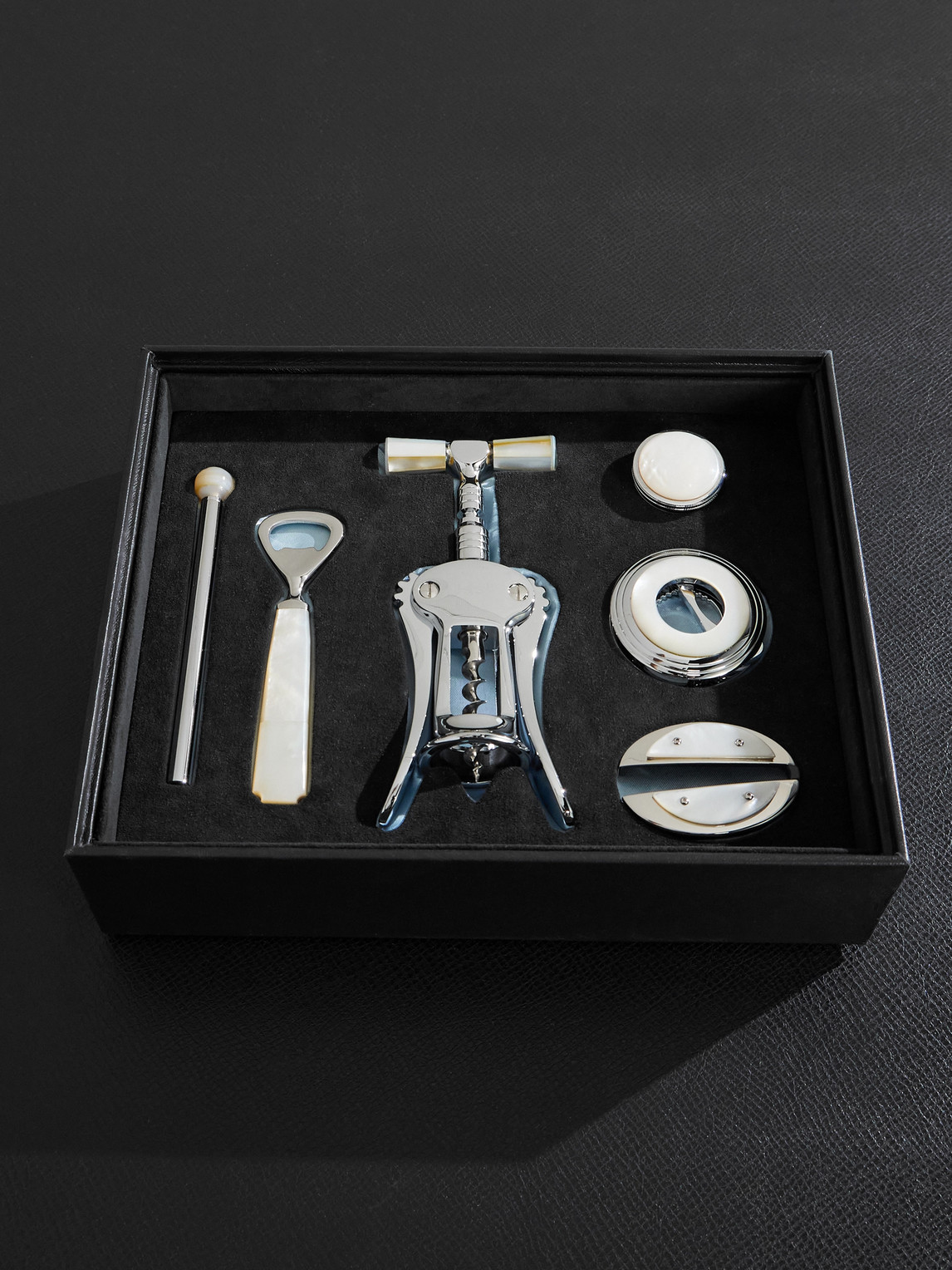Large Stainless Steel and Mother-of-Pearl Wine Set