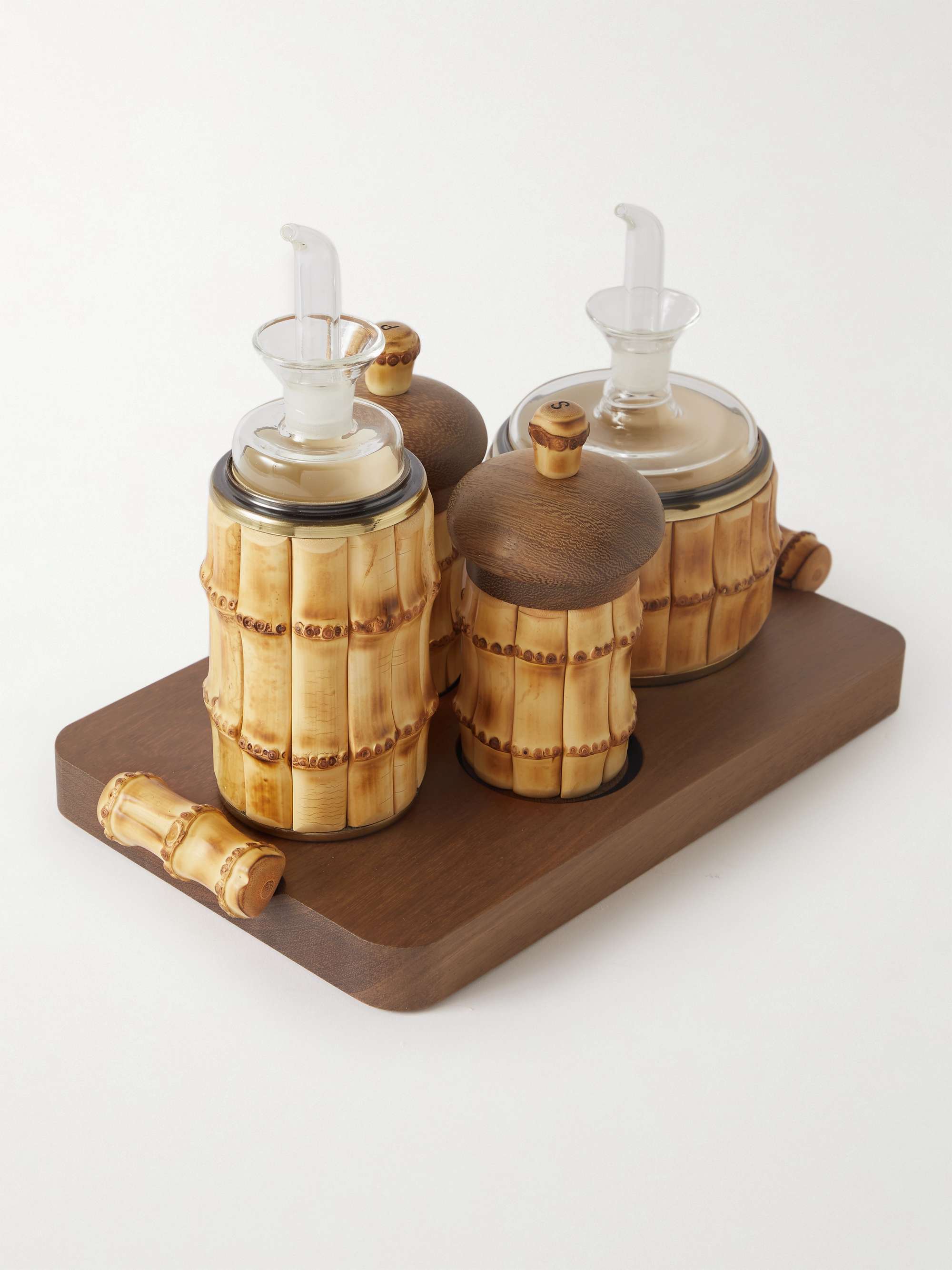 LORENZI MILANO Brass, Bamboo and Iroko Cruet Set