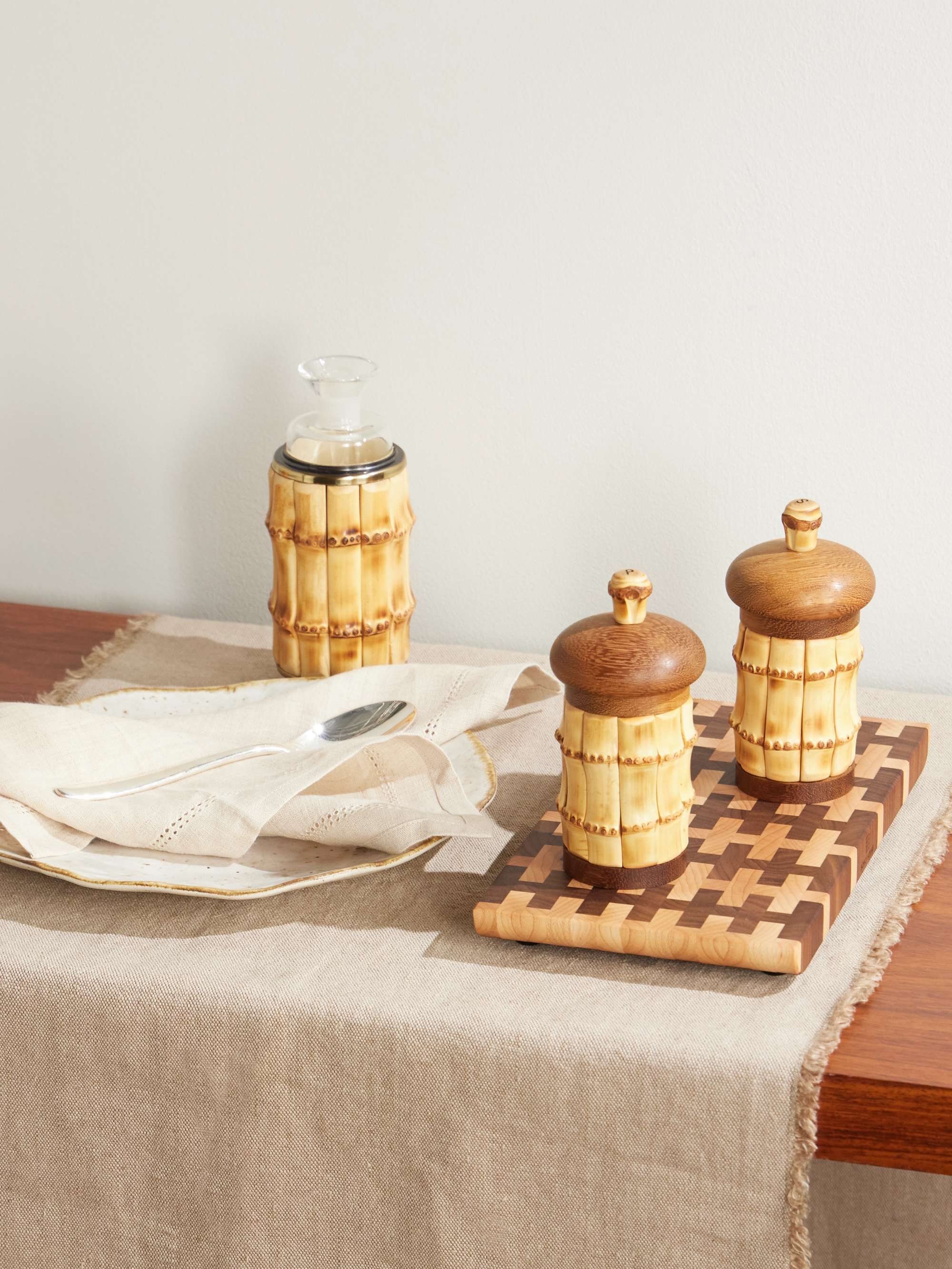 LORENZI MILANO Brass, Bamboo and Iroko Cruet Set