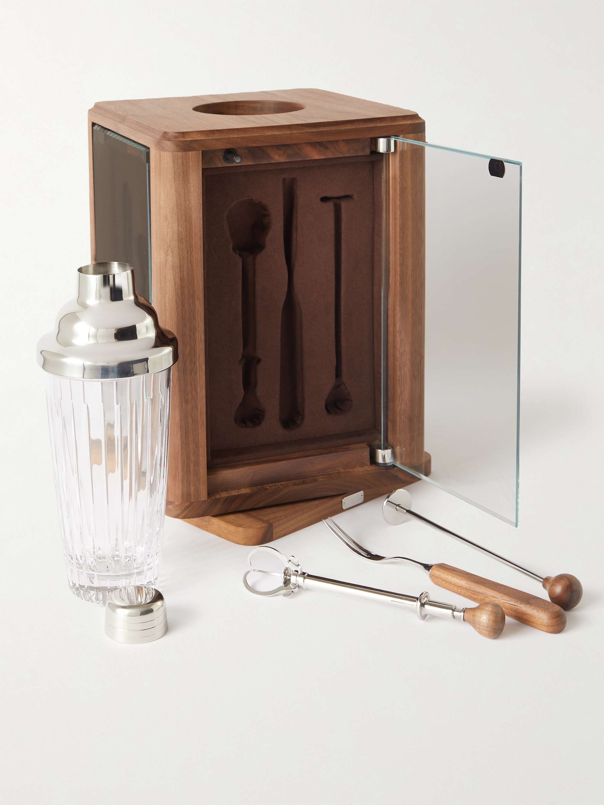 LORENZI MILANO Walnut and Glass Revolving Bar Set