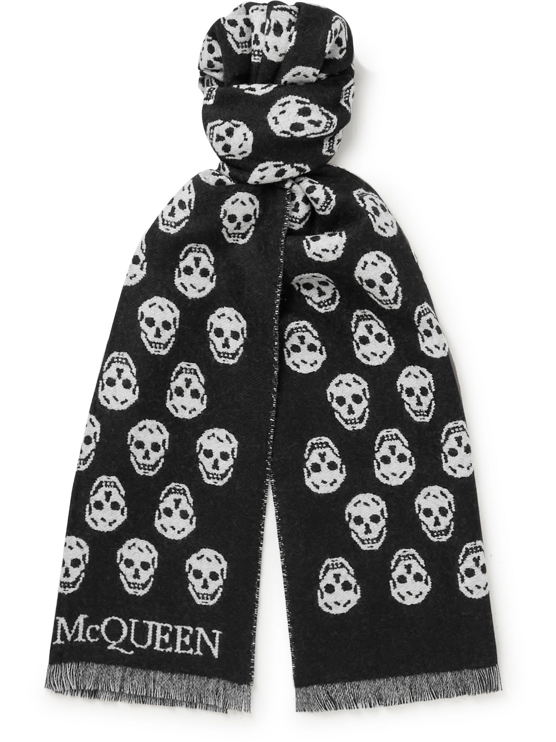 Alexander Mcqueen Reversible Fringed Logo-jacquard Wool Scarf In Black
