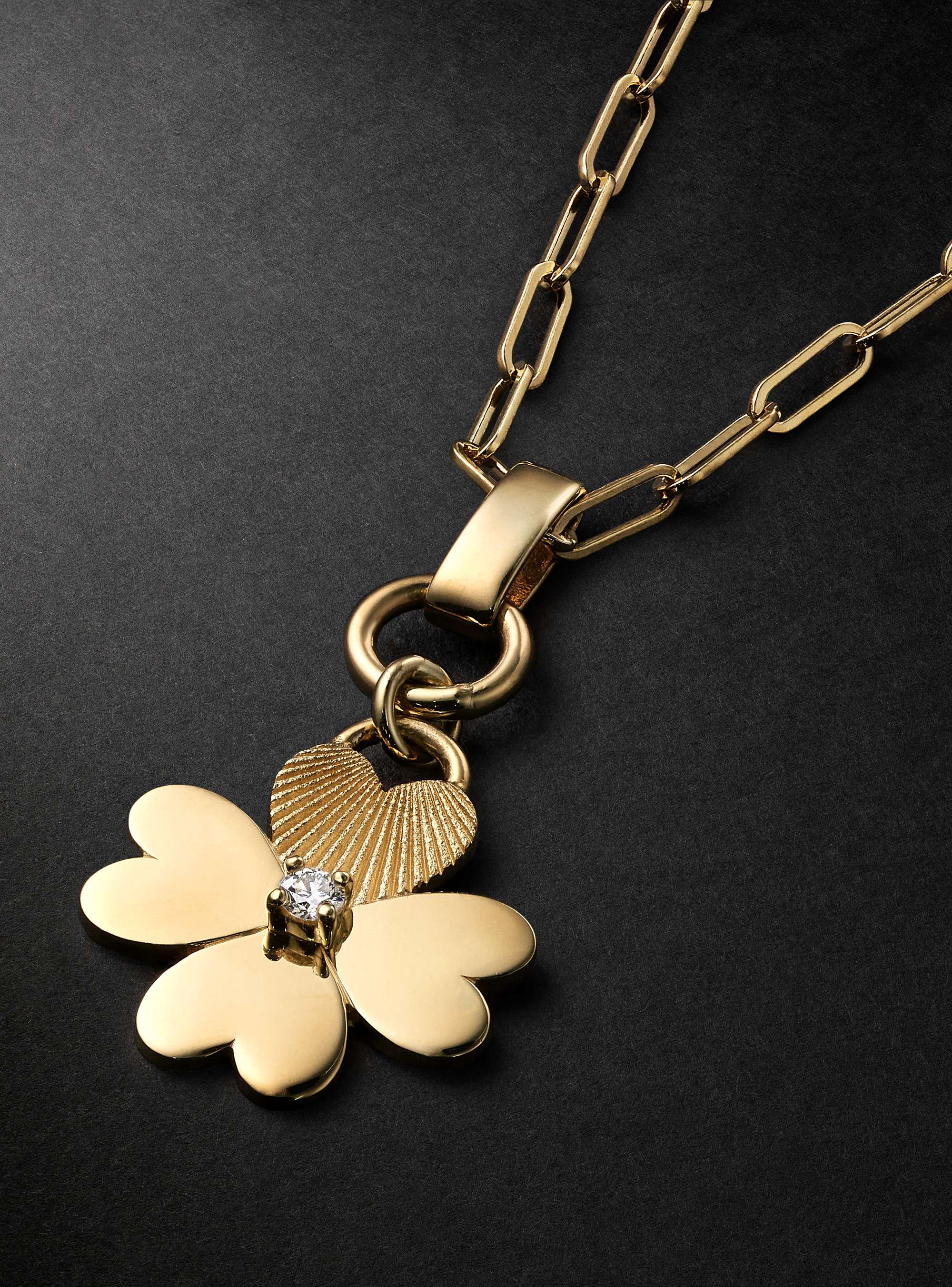 FOUNDRAE Super Fine Clip Slide Chain and Mini Four Heart Clover Gold Diamond Pendant Necklace