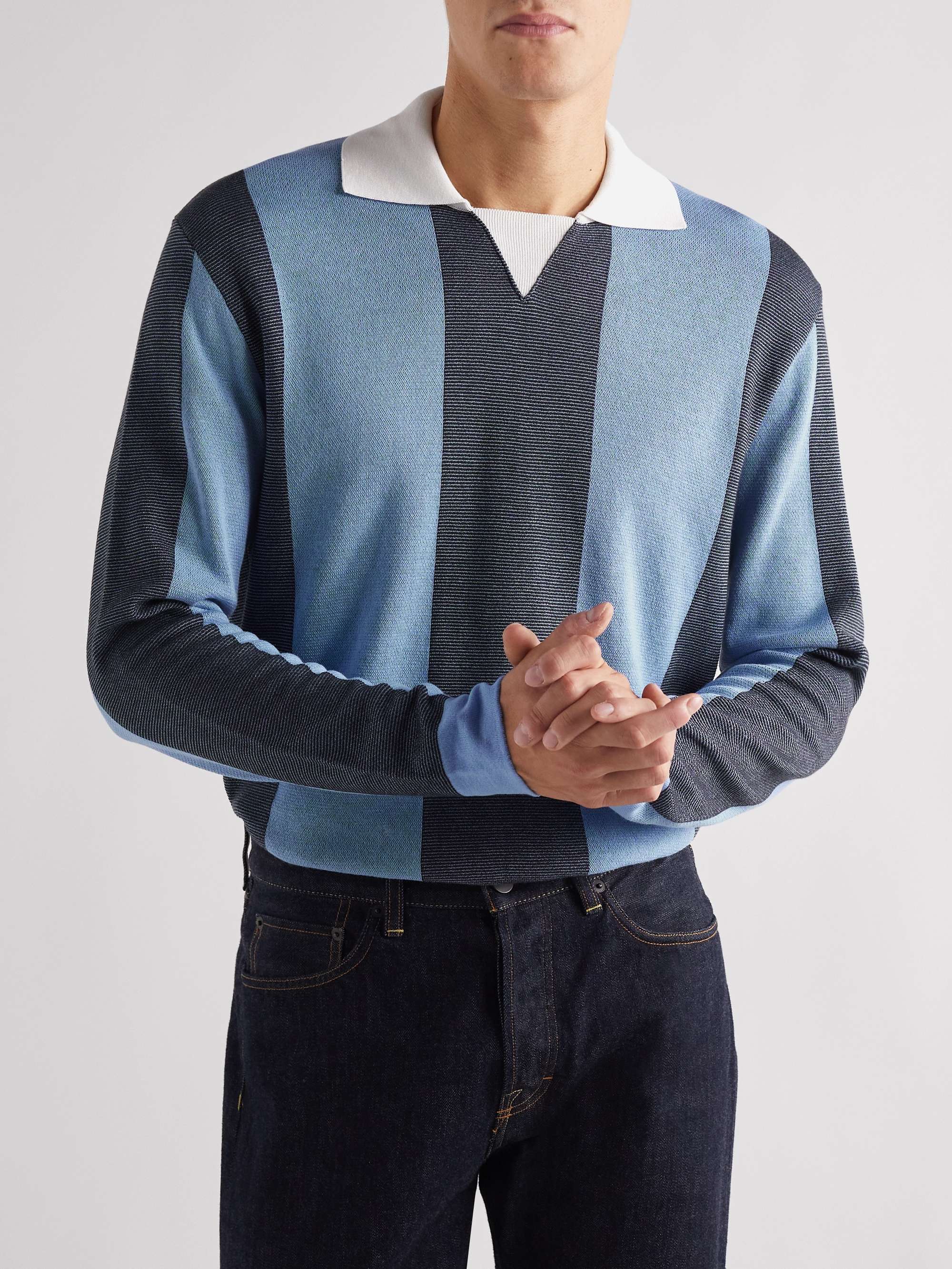MR P. Striped Two-Tone Honeycomb-Knit Cotton-Blend Polo Shirt