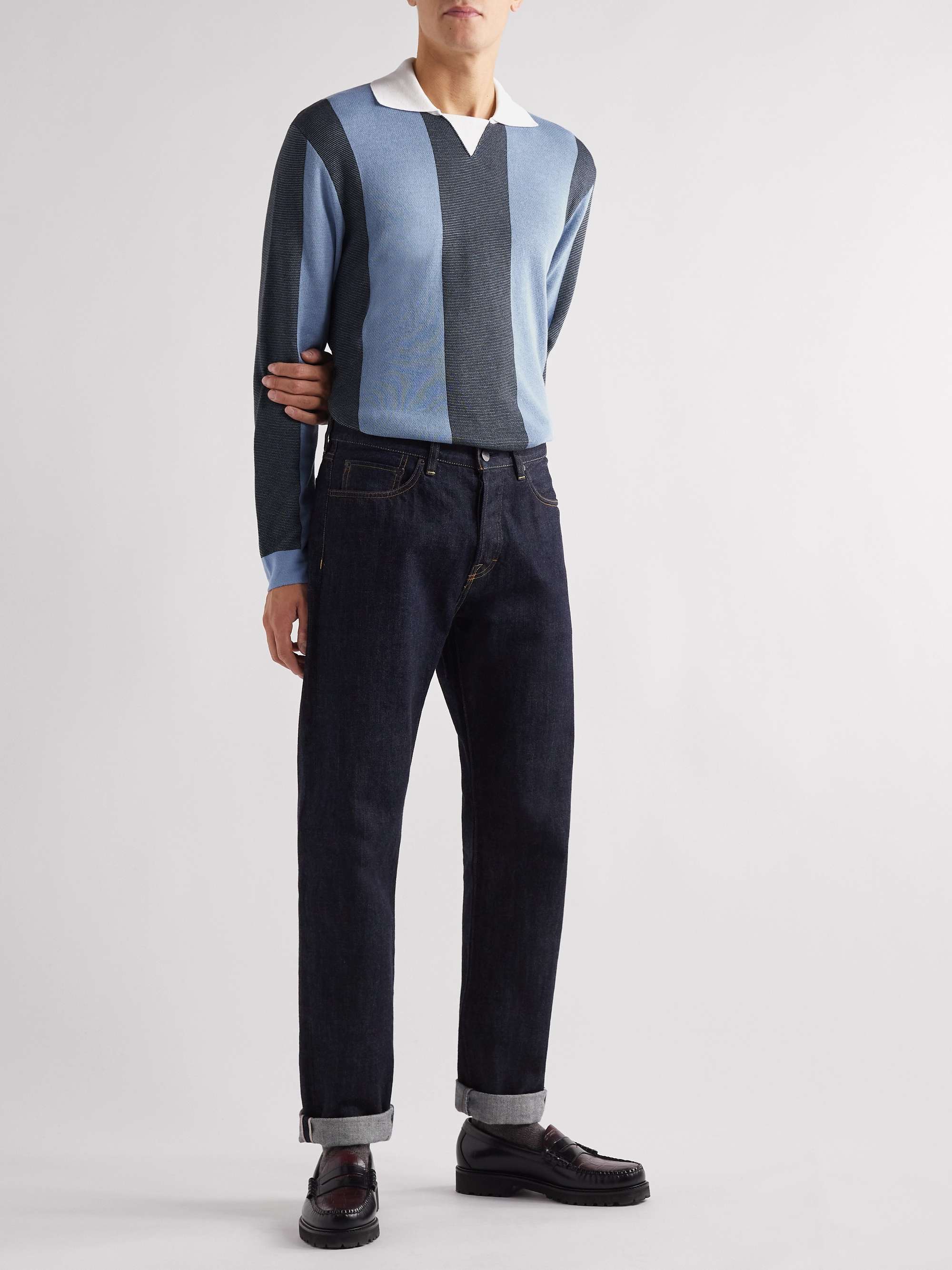 MR P. Striped Two-Tone Honeycomb-Knit Cotton-Blend Polo Shirt