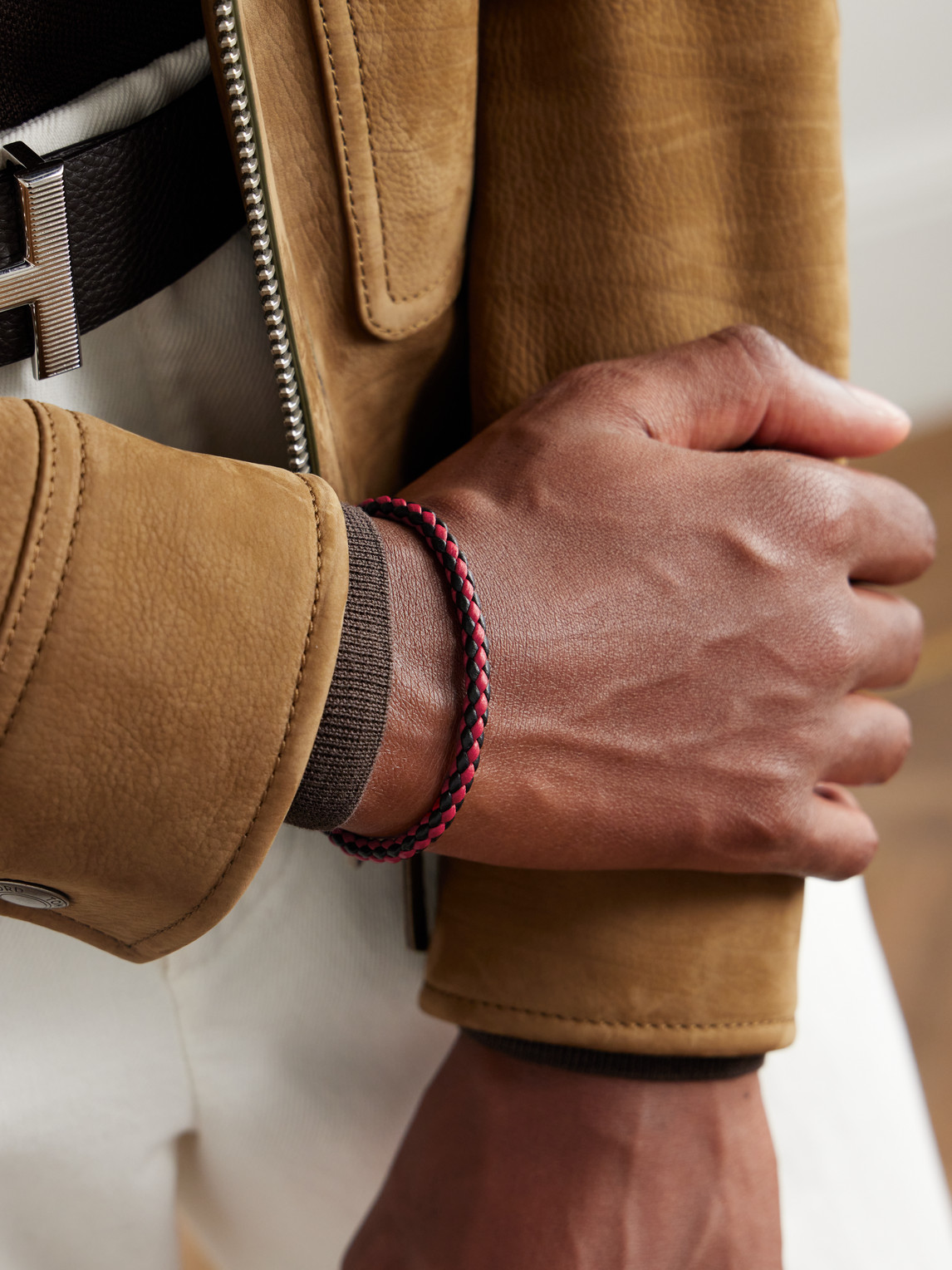 Shop Chopard Classic Racing Woven Leather And Silver-tone Bracelet In Red