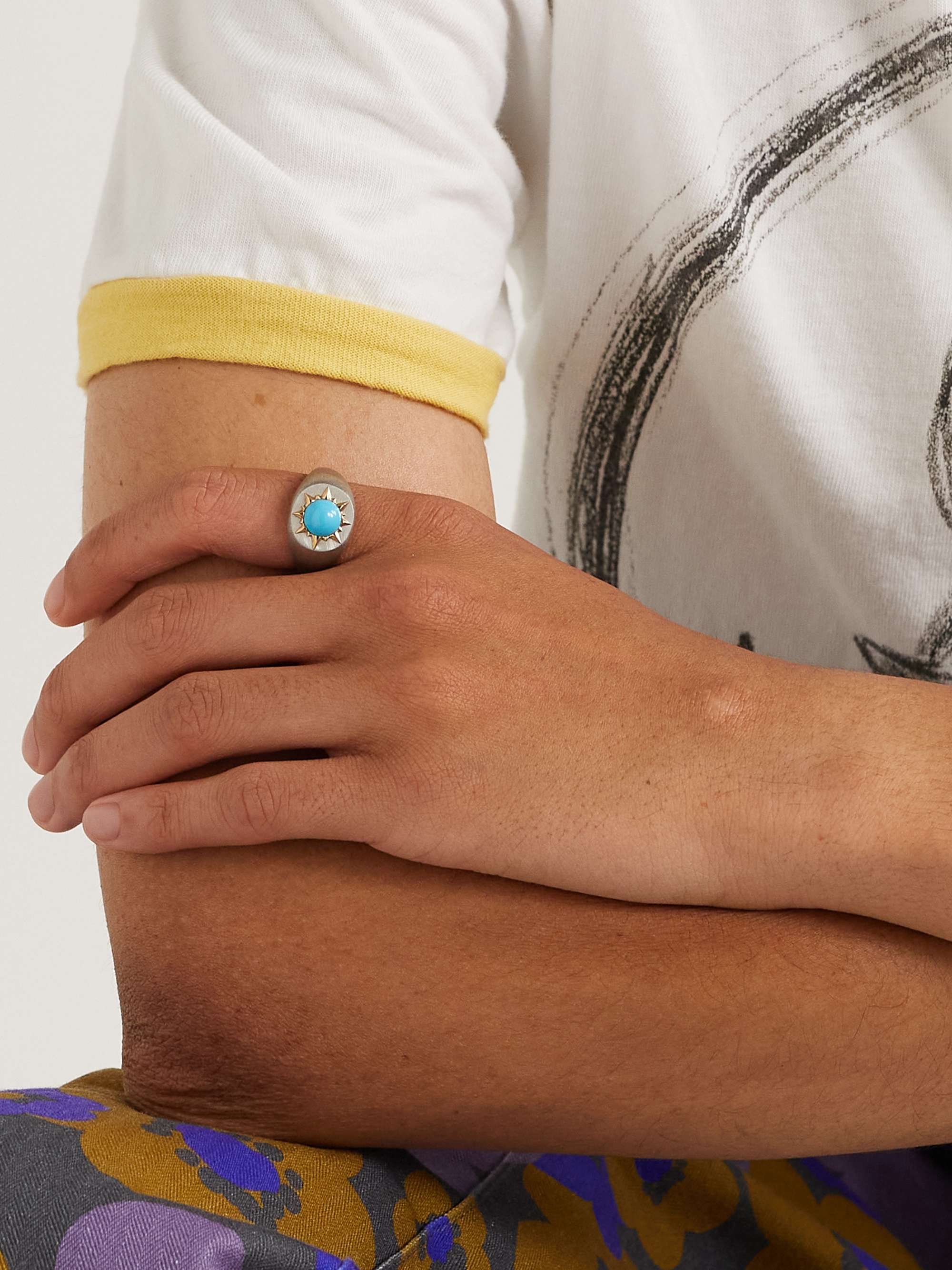 JENNY DEE JEWELRY Sunshine Brushed Sterling Silver, 18-Karat Gold and Turquoise Signet Ring
